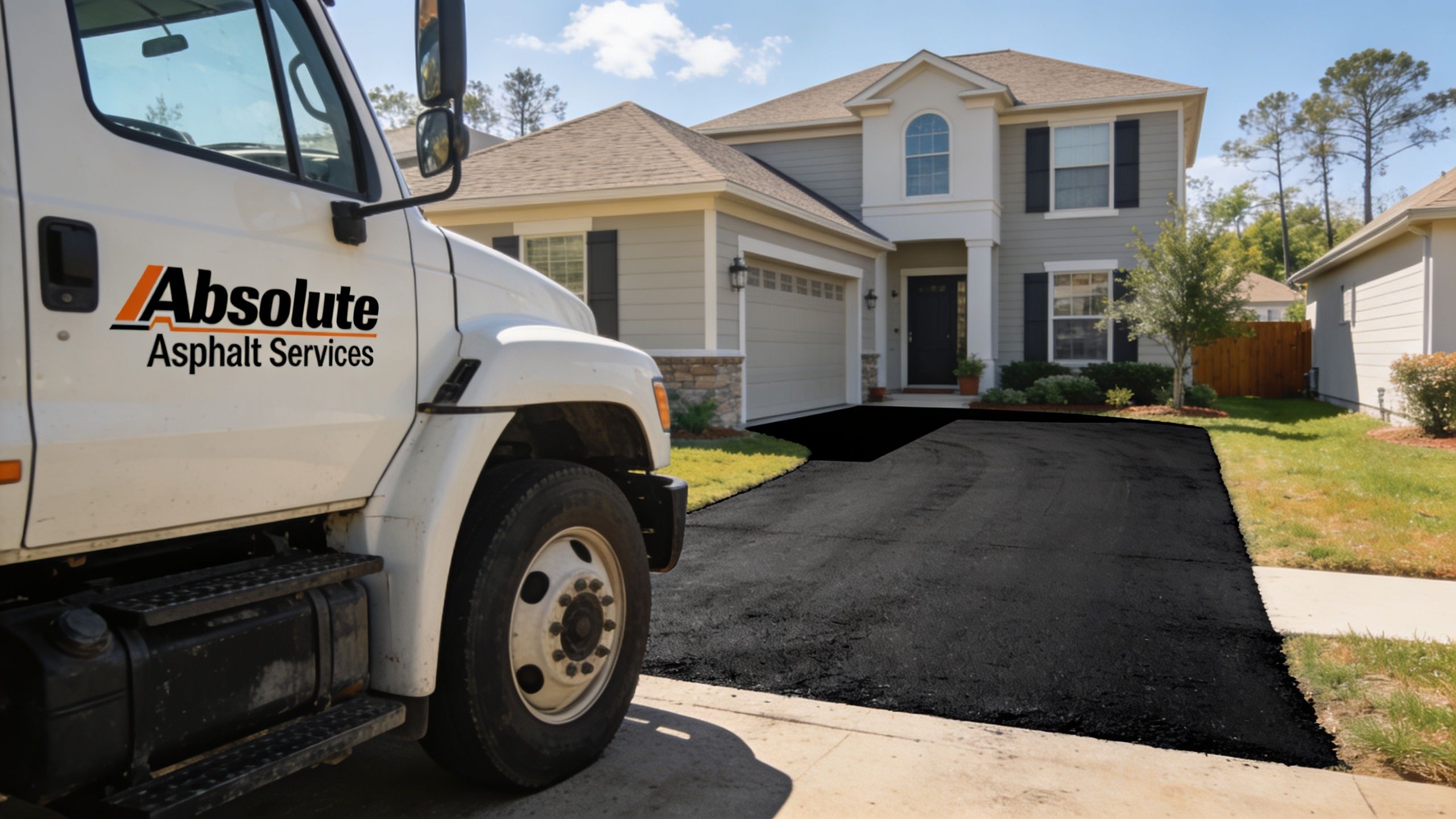 A professional Absolute Asphalt Services truck parked in front of a modern suburban house with a paved driveway.
