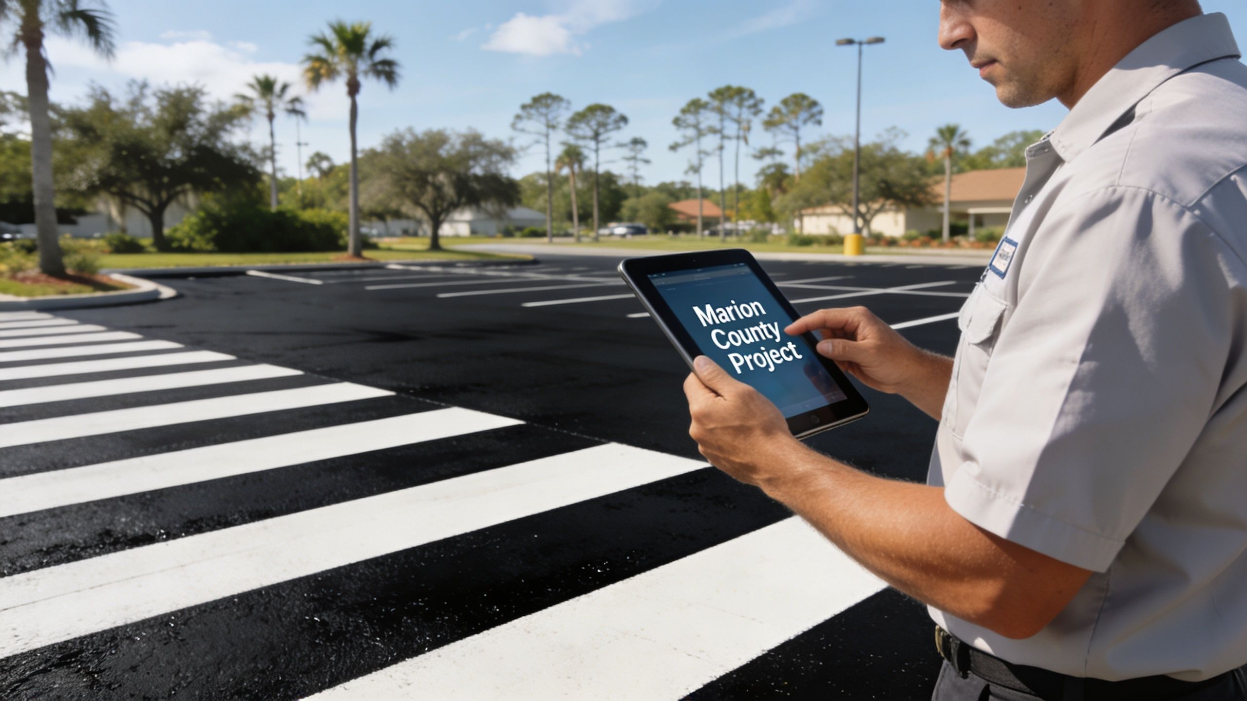 A male worker holds a tablet displaying Marion County Project while standing near an outdoor crosswalk.