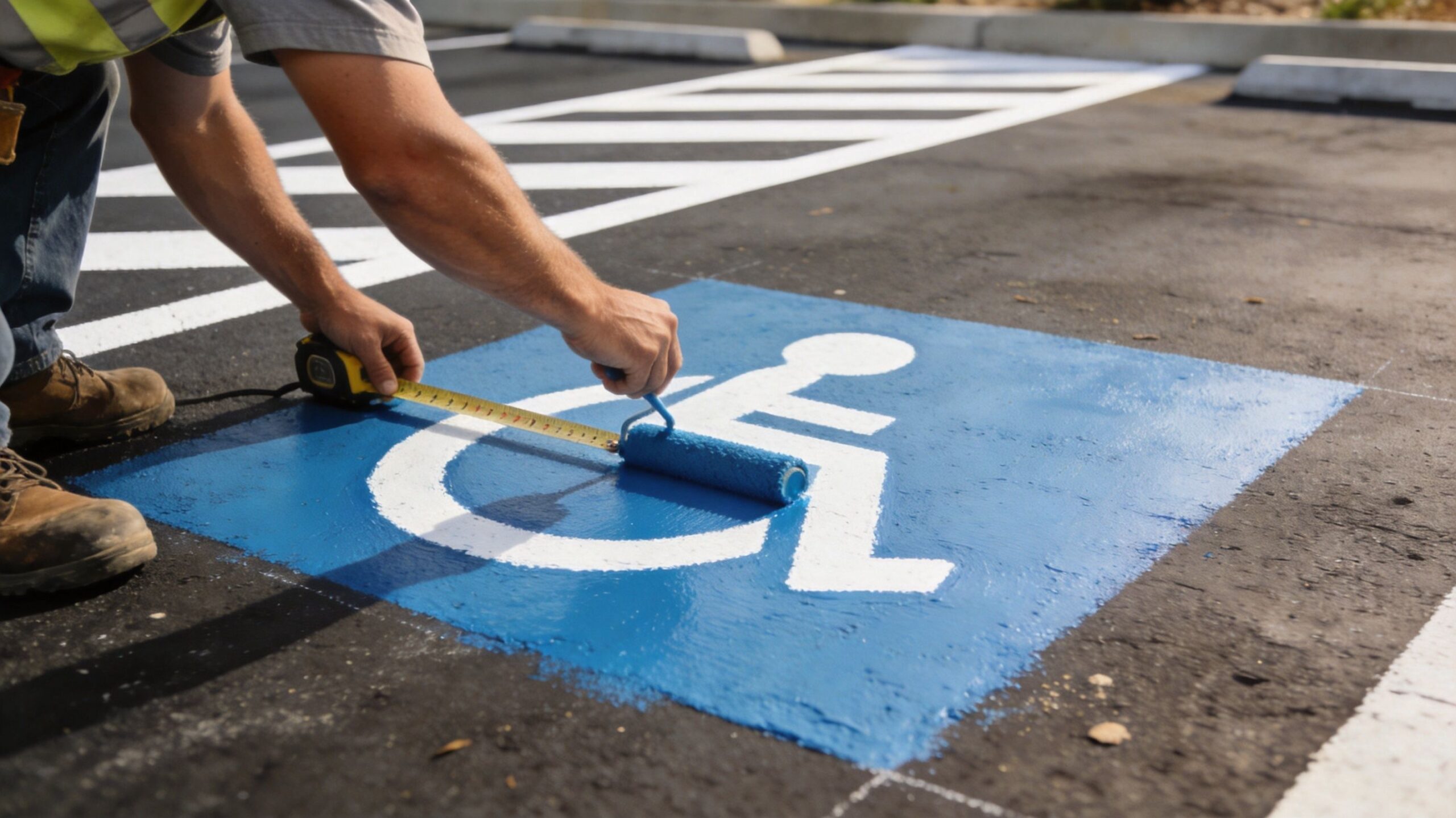 A construction worker uses a tape measure while painting a handicap parking symbol on the asphalt.