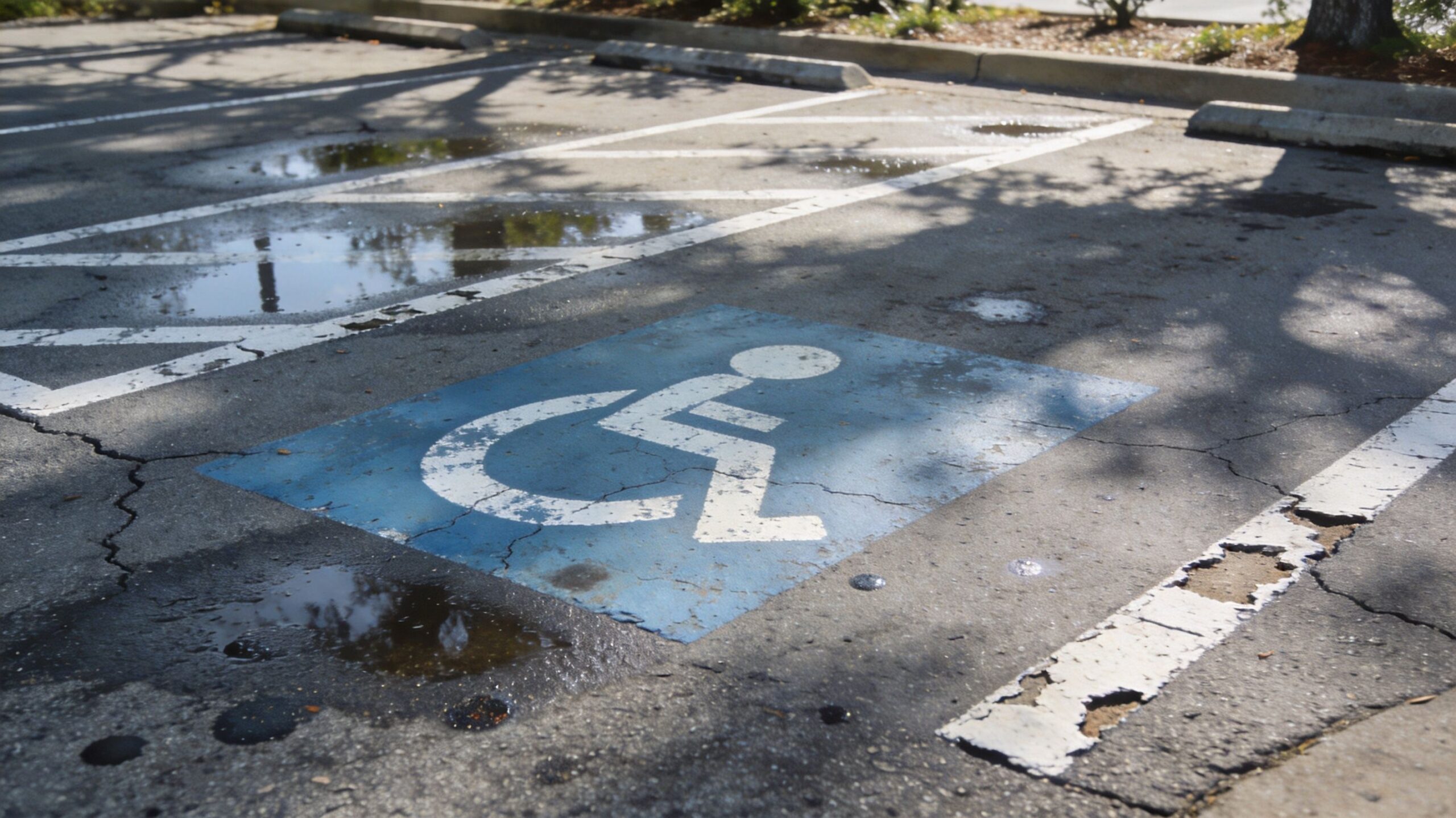 A faded blue wheelchair accessibility symbol painted on an asphalt parking space with some surface water puddles.