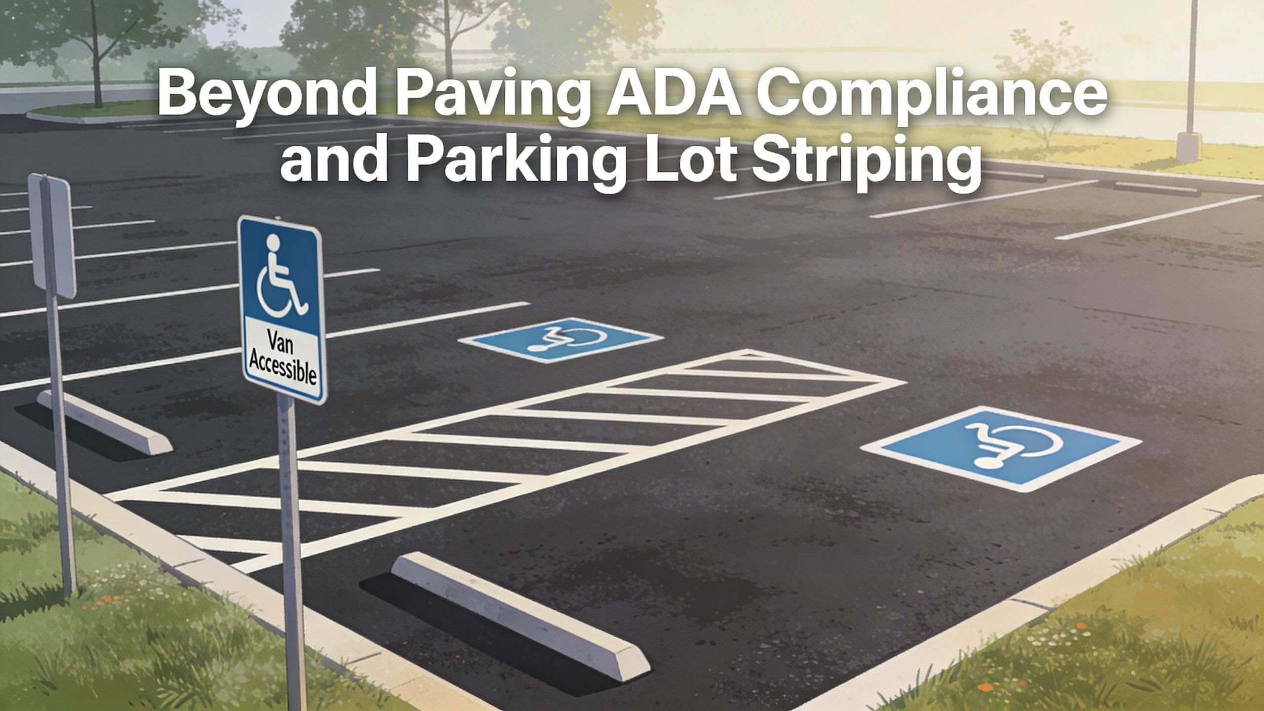 An illustration of an ADA compliant parking space with a van accessible sign and pavement markings.