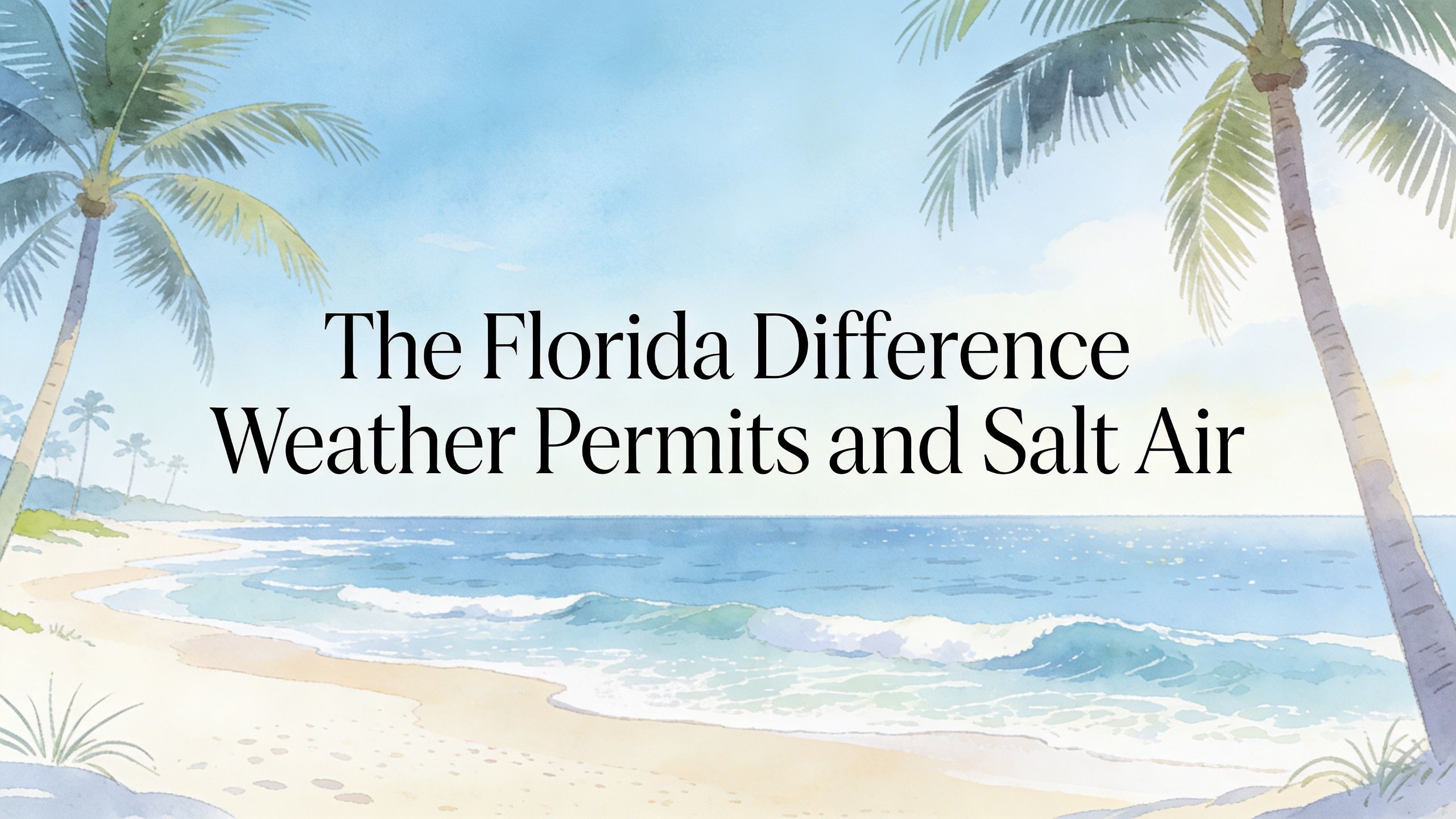 A watercolor illustration of a beach with palm trees and the text The Florida Difference Weather Permits and Salt Air.