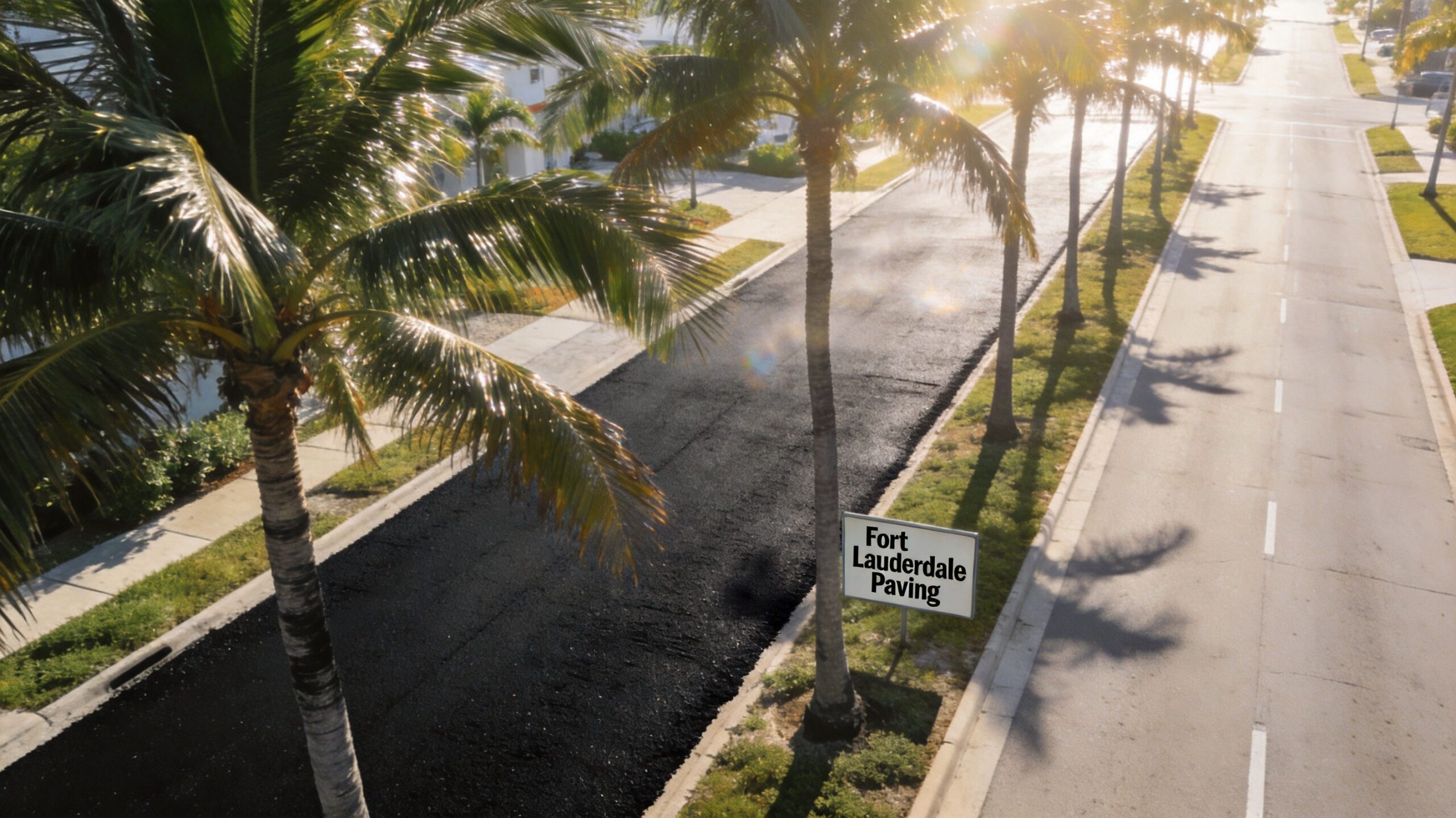 A newly paved asphalt street in Fort Lauderdale lined with palm trees during a sunny day.