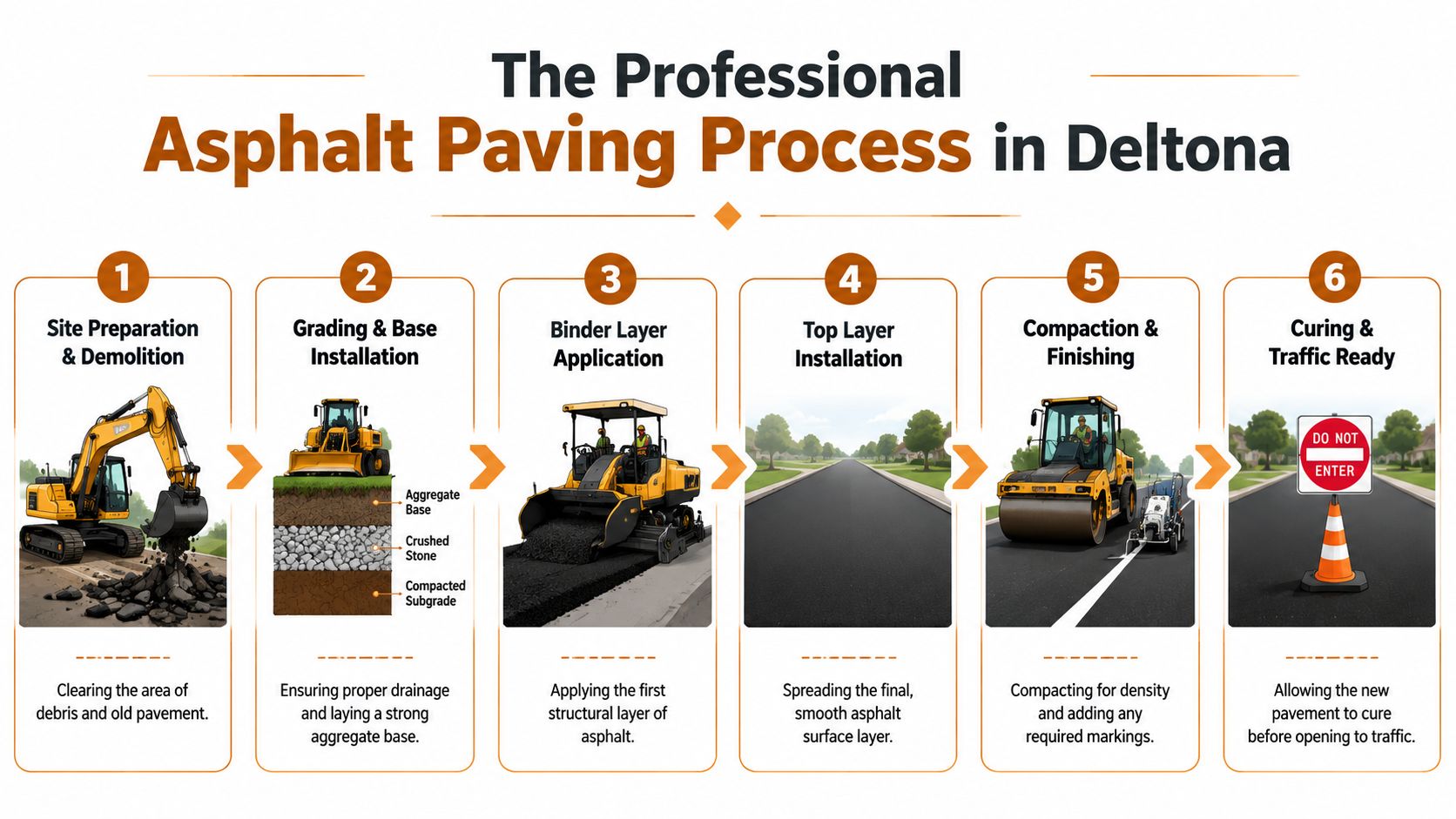 An infographic showing the six-step professional asphalt paving process in Deltona, from demolition to traffic ready.