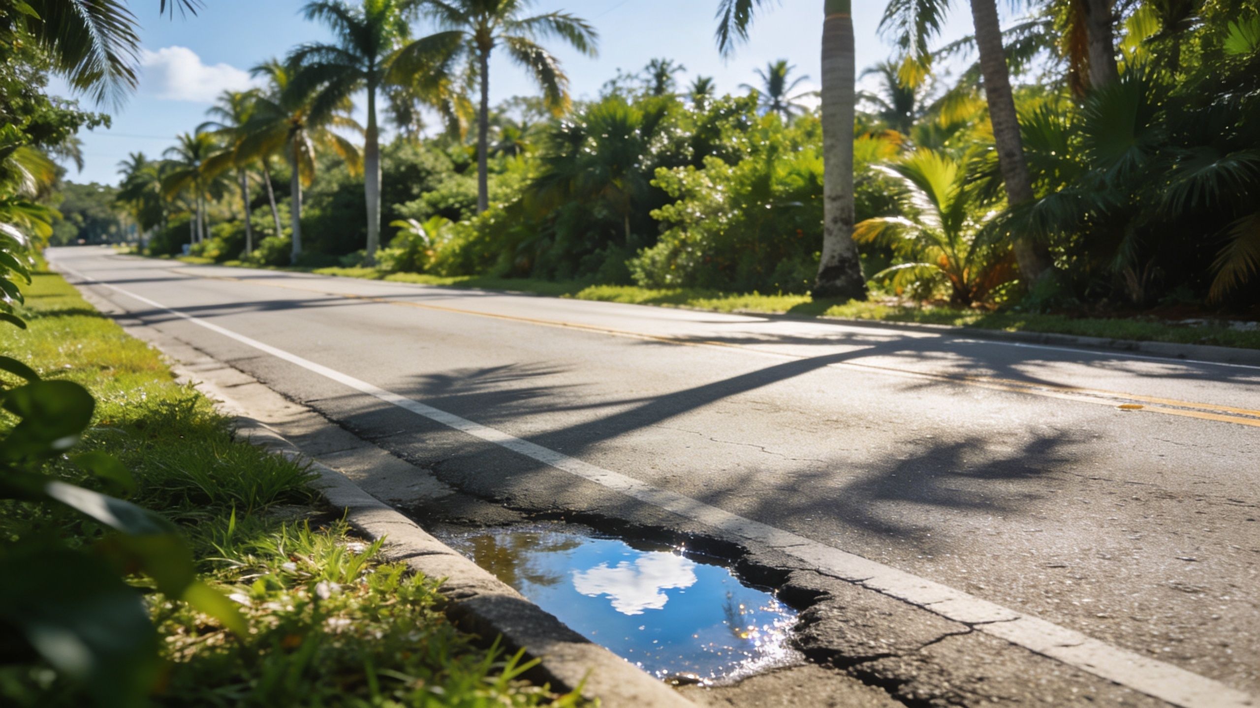 A scenic road in Deltona featuring asphalt paving with a puddle reflecting the clear blue sky.