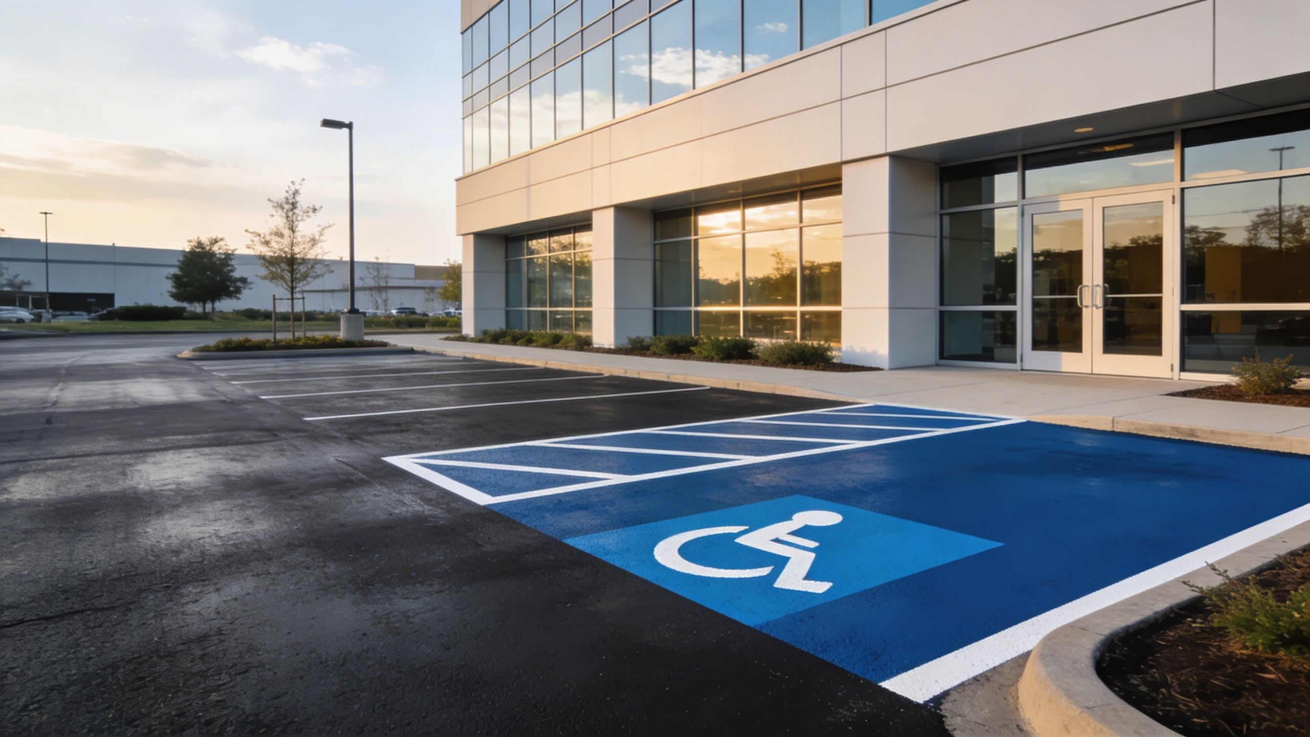 A newly paved asphalt parking lot featuring a bright blue designated accessible parking space for disabled individuals.