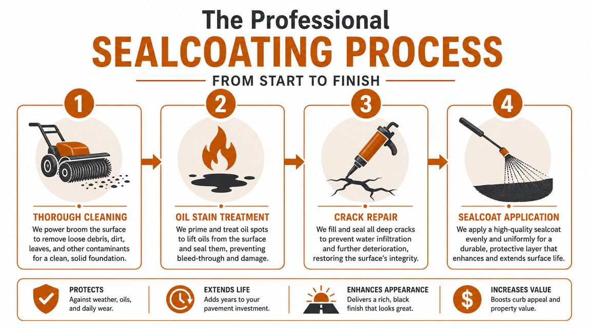 An infographic showing the four steps of the professional asphalt sealcoating process from start to finish.
