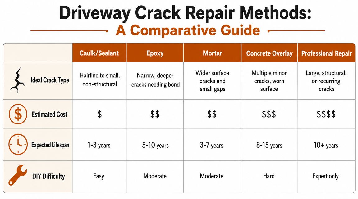 A comparison chart outlining different methods for repairing driveway cracks including costs, lifespans, and difficulty levels.