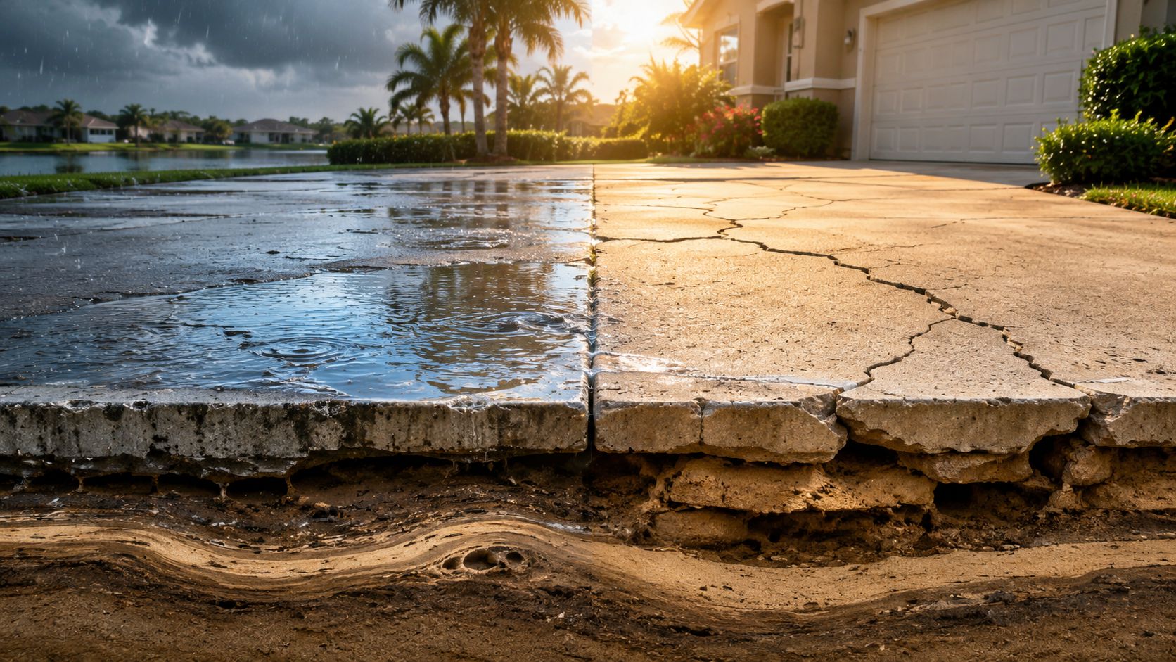 A cross-section view showing a damaged concrete driveway with a cracked surface and unstable soil foundation.