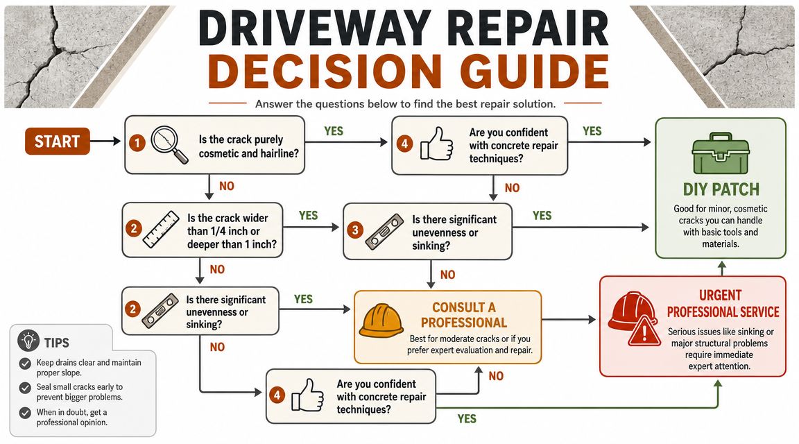 An infographic flowchart guiding homeowners on whether to perform DIY concrete driveway crack repairs or hire professionals.