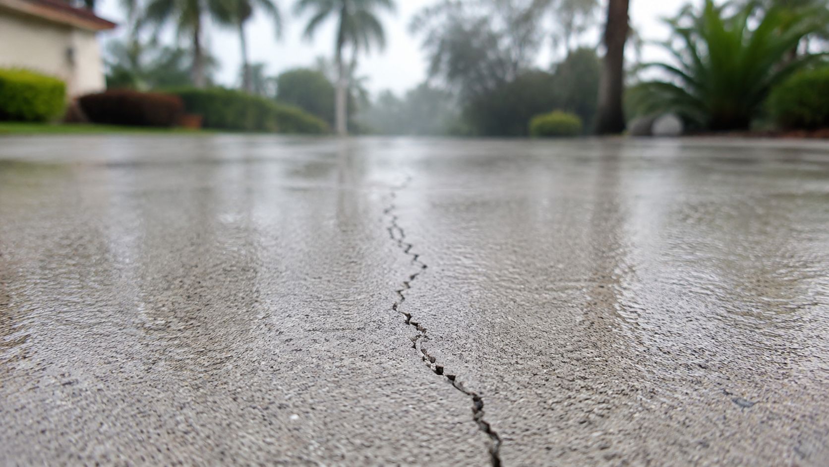 A close up view of a crack running through a wet residential concrete driveway on a cloudy day.