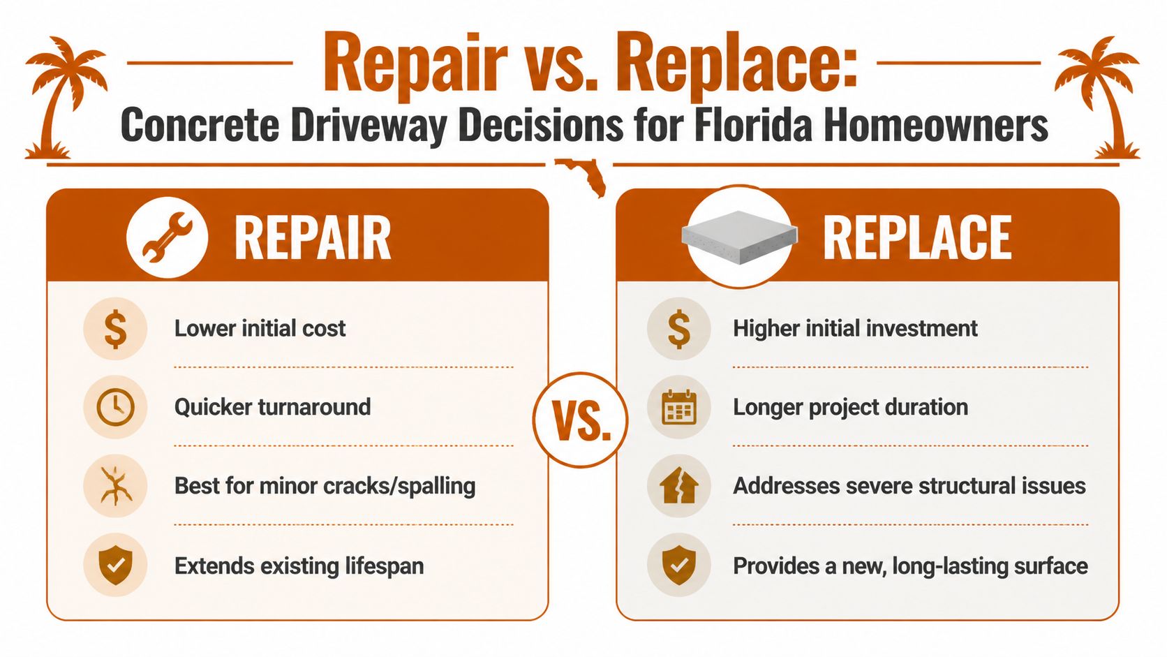 A comparison chart showing the benefits of repairing versus replacing a concrete driveway in Florida.