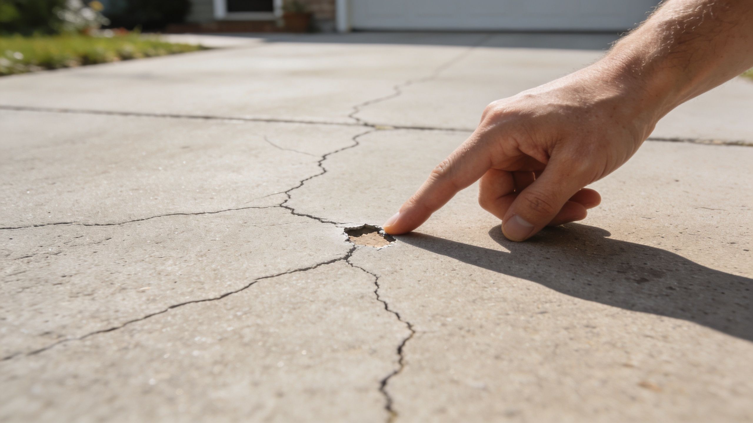 A close-up view of a person pointing at a damaged spot in a cracked concrete driveway.