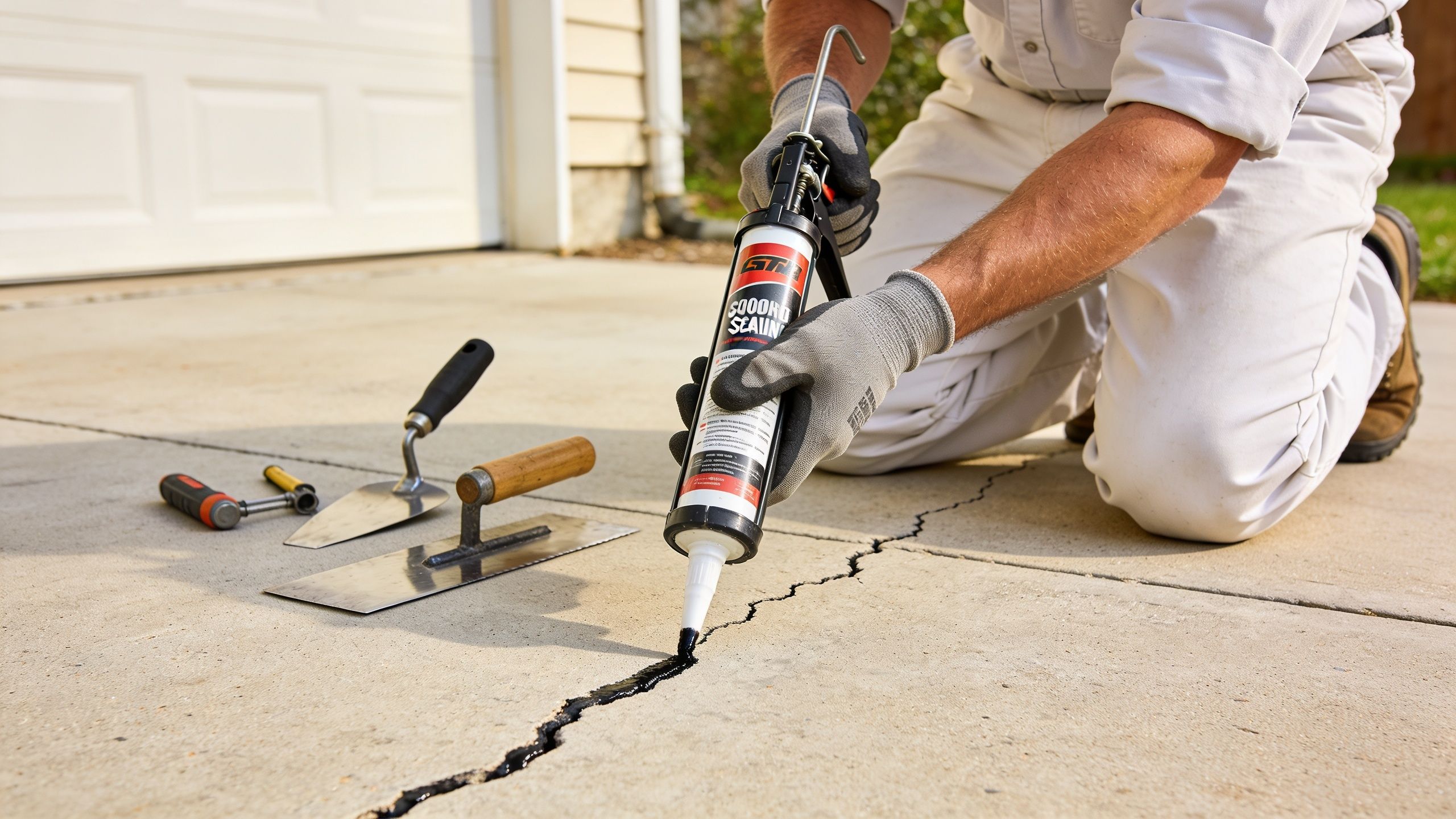 A professional construction worker uses a caulking gun to apply sealant into a crack in a concrete driveway.