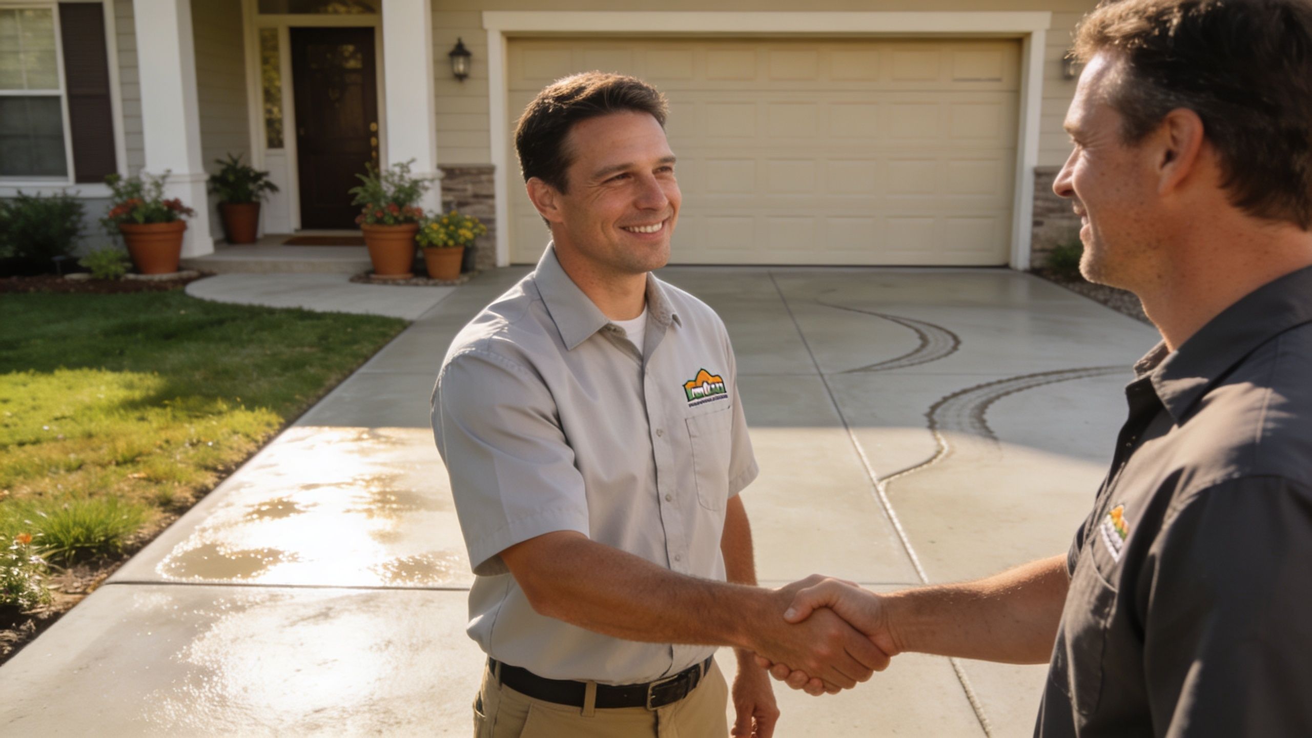 A professional service worker shakes hands with a homeowner on a freshly cleaned concrete driveway.