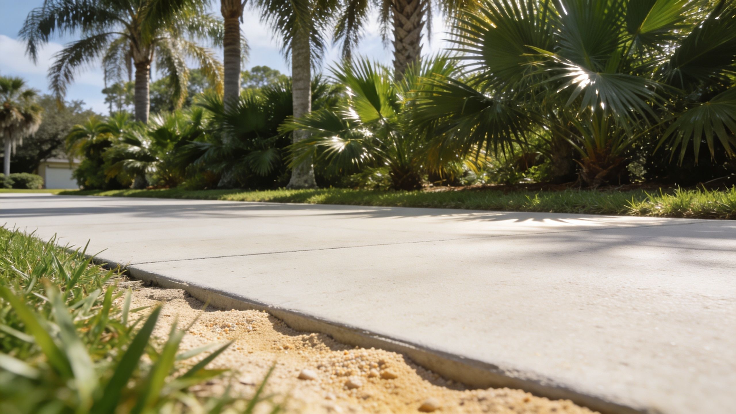 A close-up view of a clean concrete driveway edge bordered by green palm trees and manicured grass.