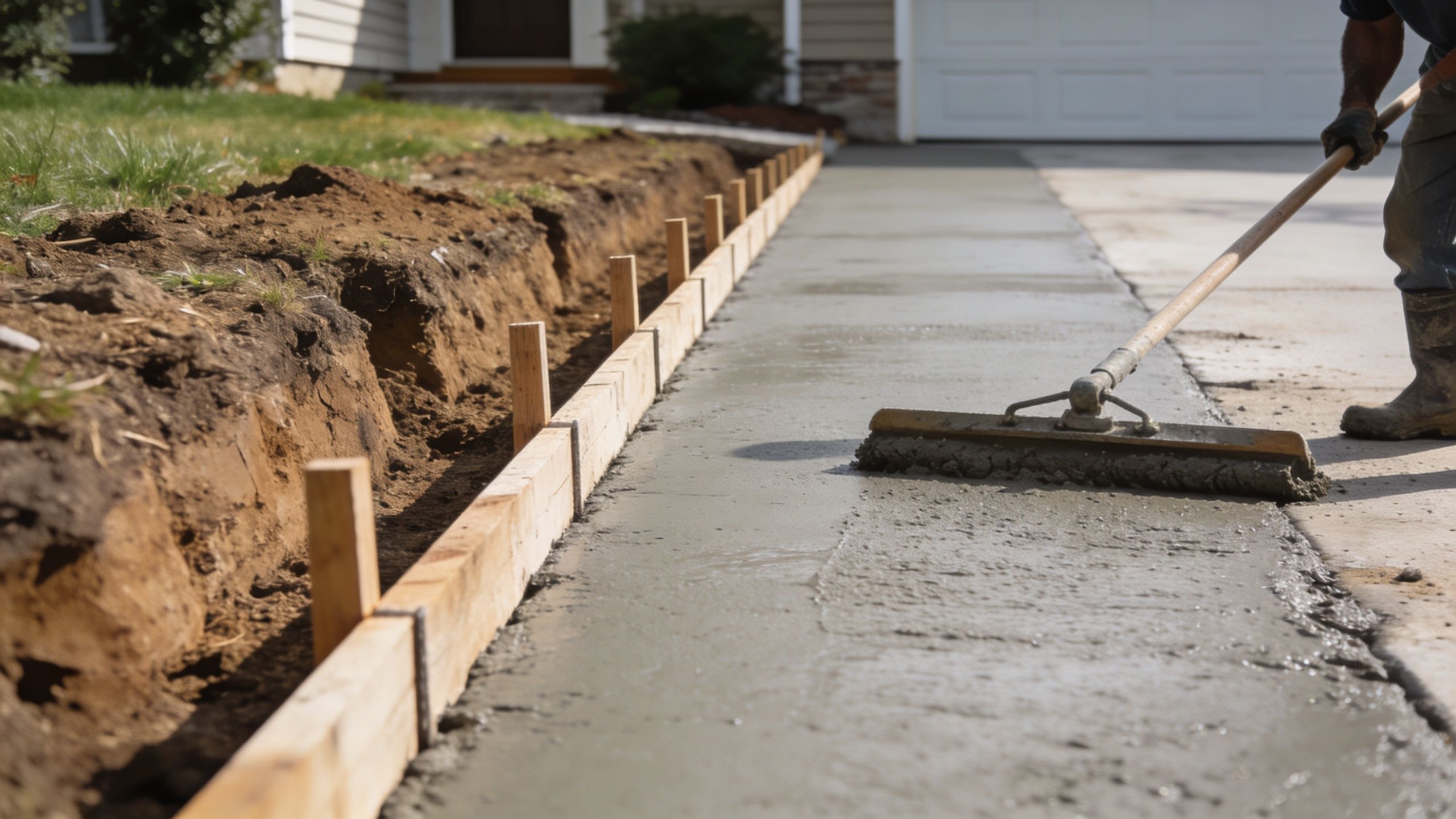 A construction worker uses a long-handled concrete broom to smooth fresh wet concrete for a driveway.