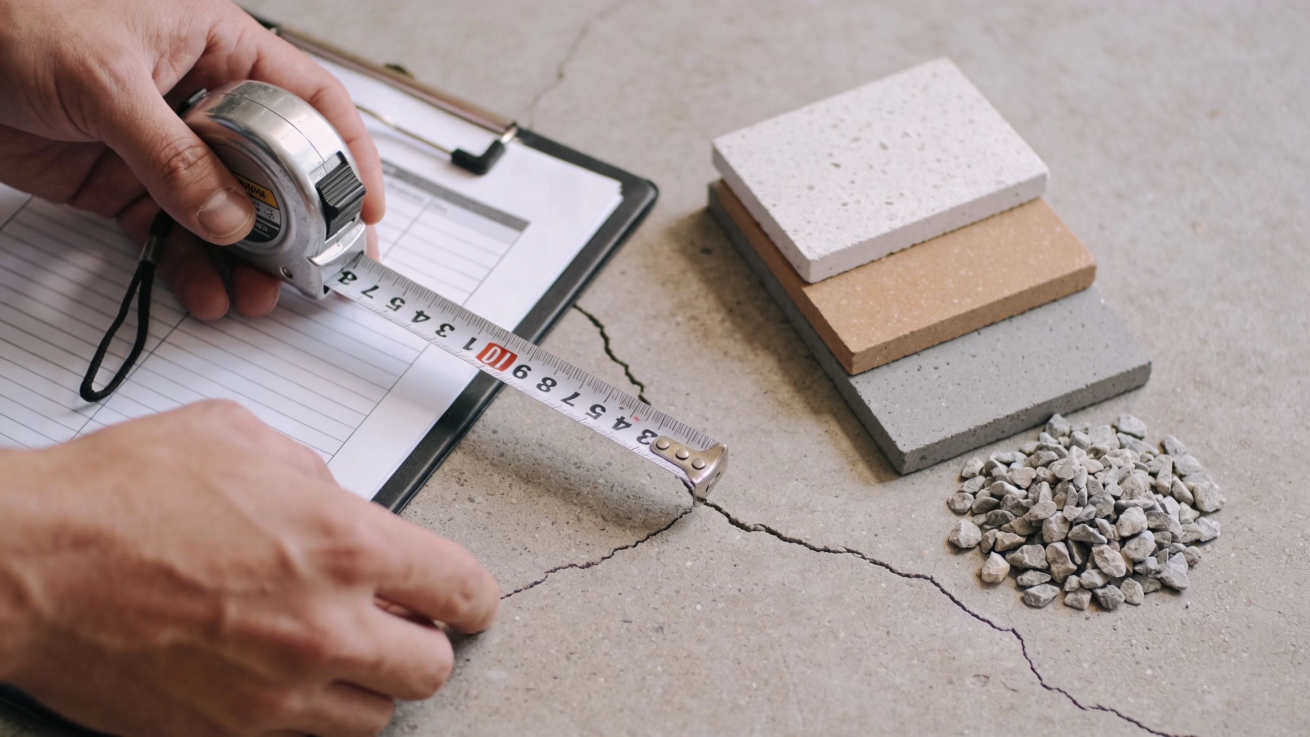 An inspector uses a tape measure to check the width of a crack in a concrete floor.