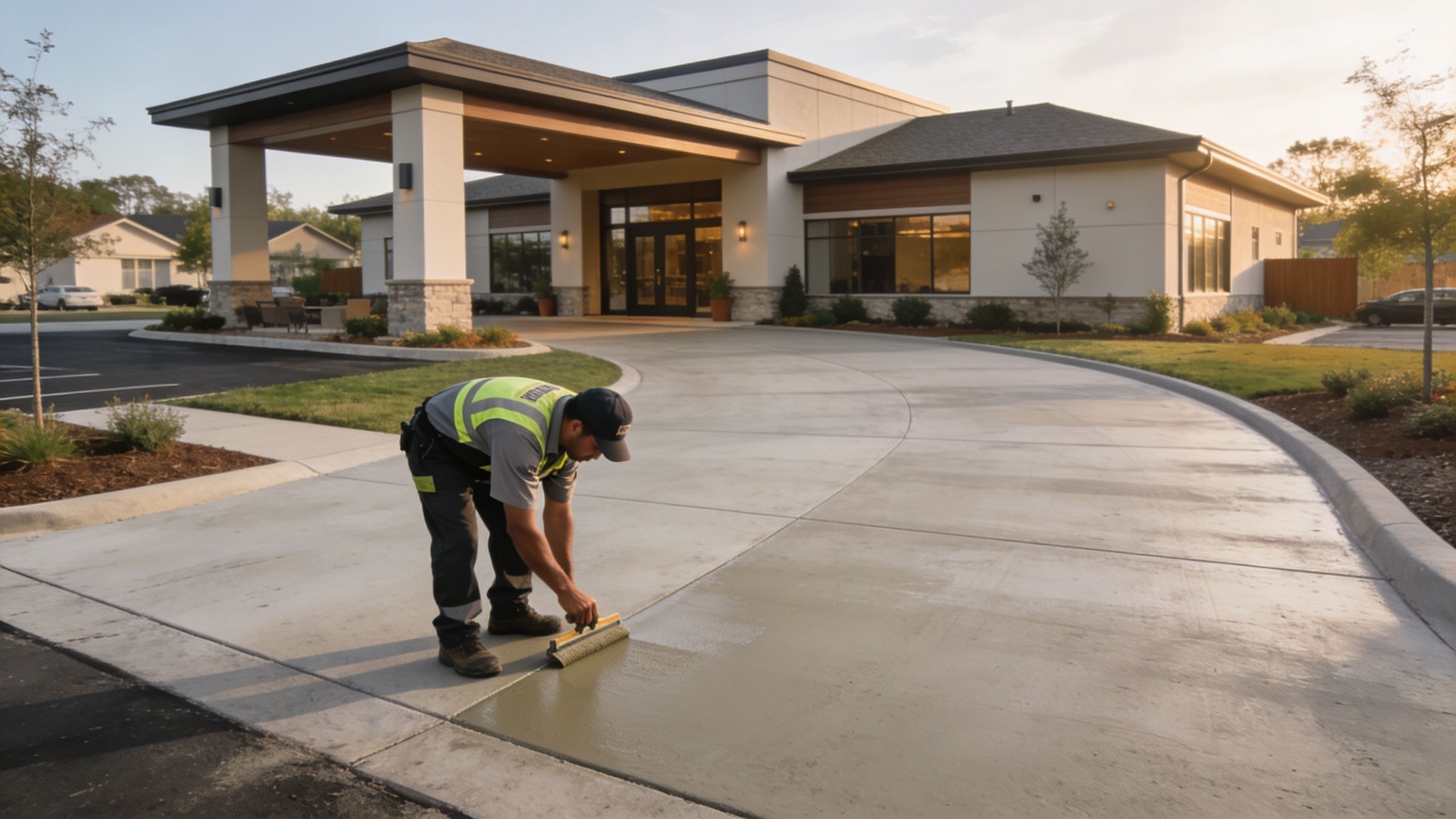 A construction worker uses a float tool to smooth fresh concrete on a new building's driveway.