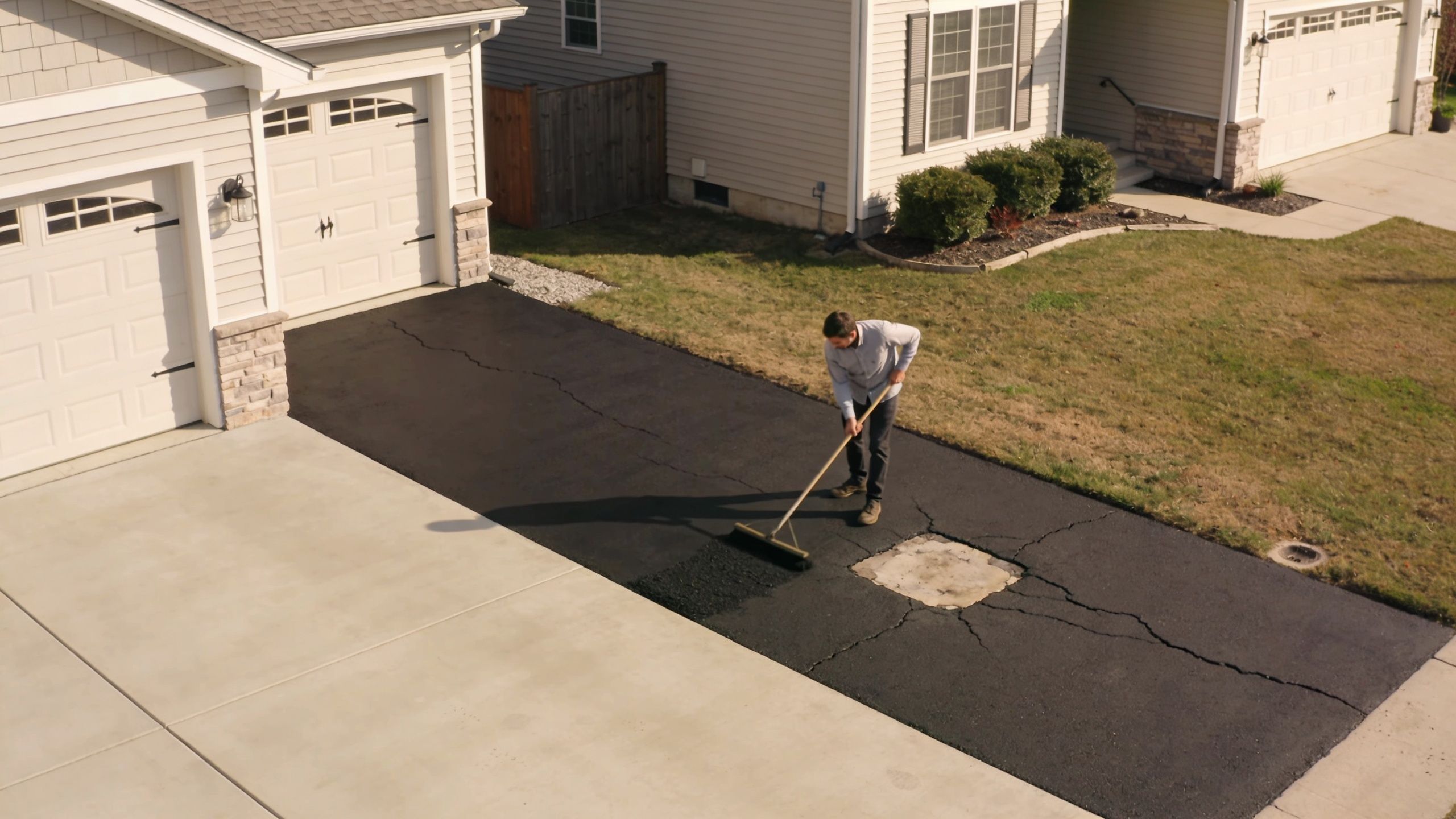 A man using a brush to apply asphalt sealant to repair cracks on a residential driveway.