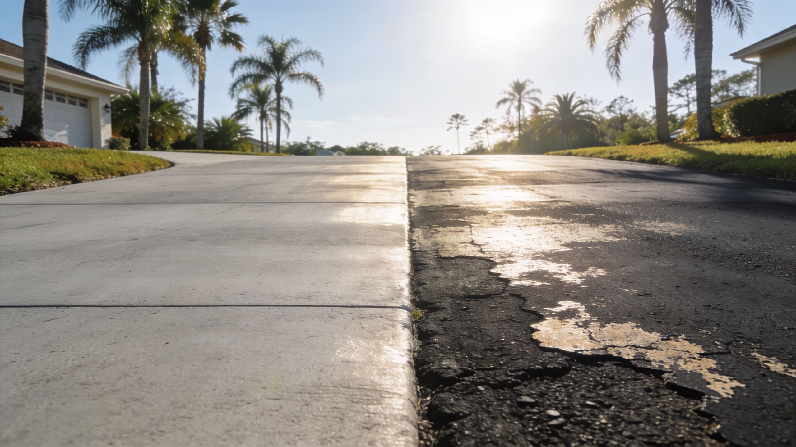 A split view comparing a smooth new concrete driveway and a cracked, weathered asphalt driveway surface.