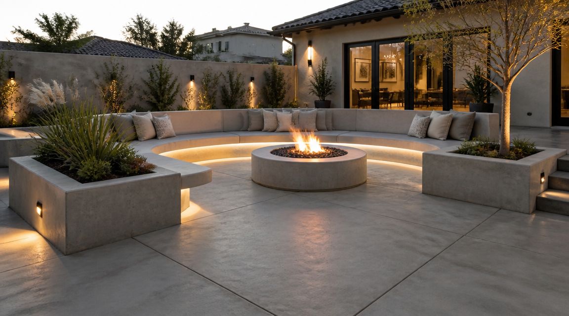 A modern concrete patio featuring a curved built-in bench seating area around a circular gas fire pit.