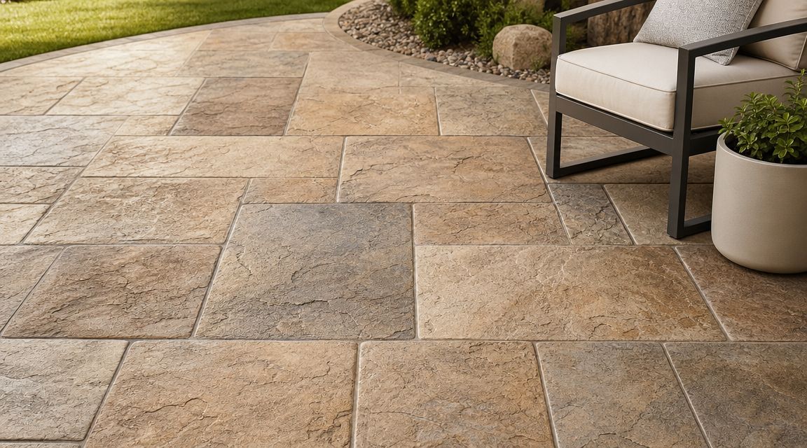 A modern concrete patio featuring textured stone-look pavers next to a comfortable outdoor chair and planter.