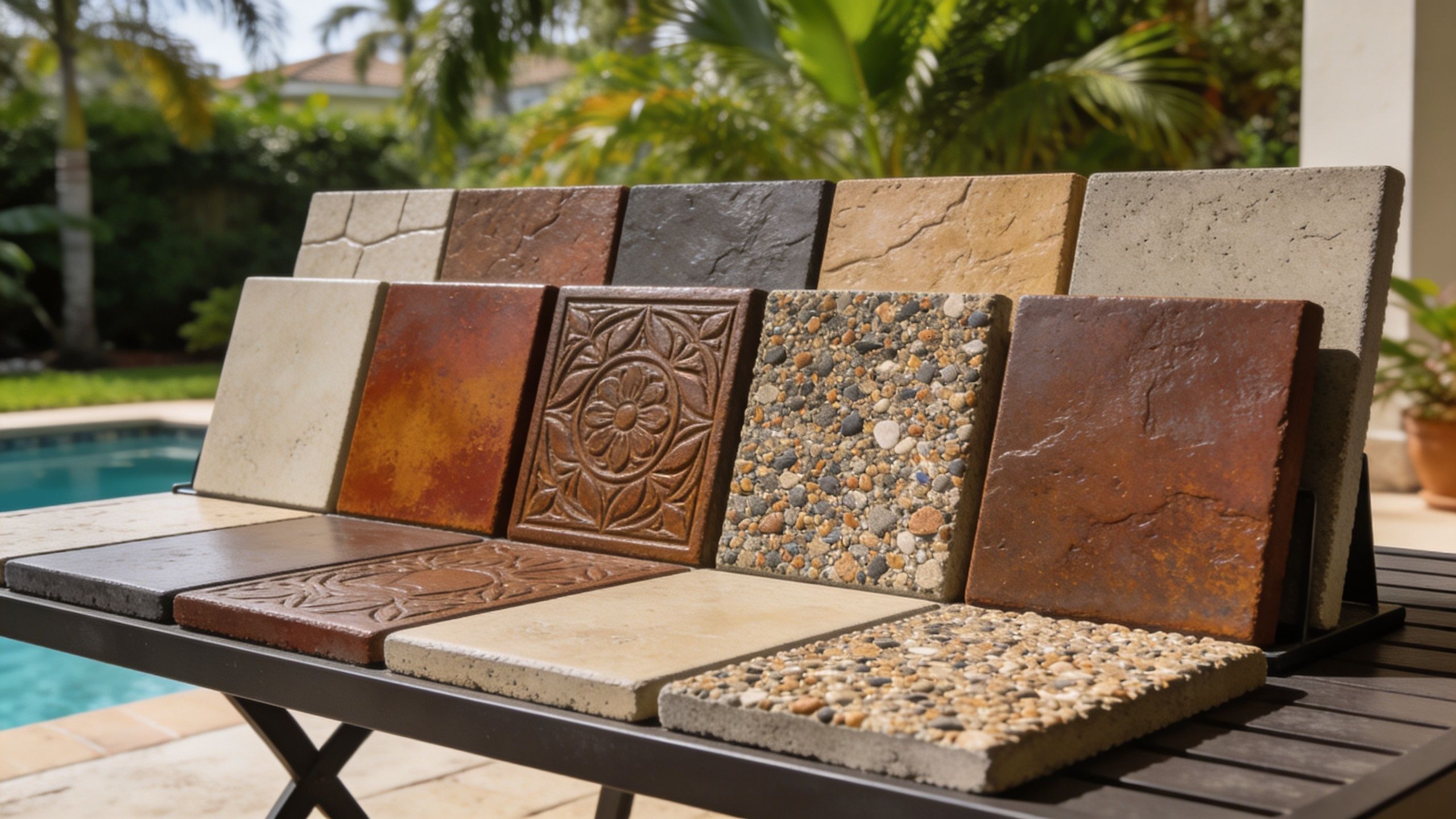 Various decorative concrete patio paver samples displayed on a metal rack outdoors near a swimming pool.