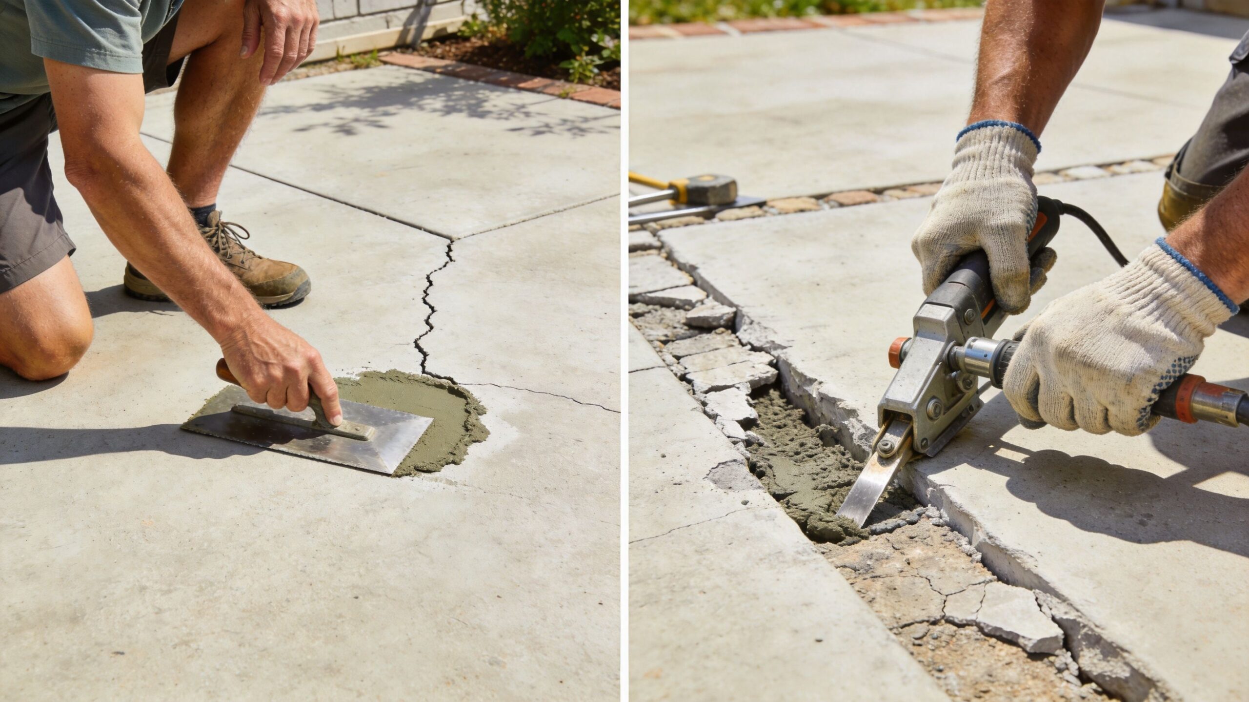 A split-screen view showing a worker smoothing concrete filler on a patio and cutting a cracked joint.