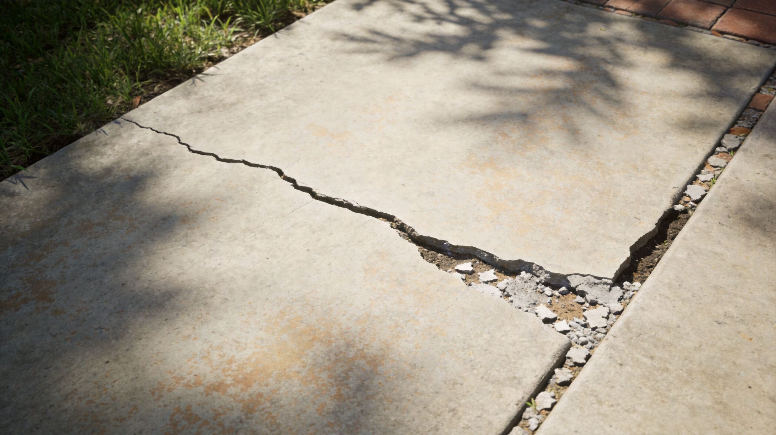A close-up view of a cracked concrete slab on a residential patio showing significant structural damage.