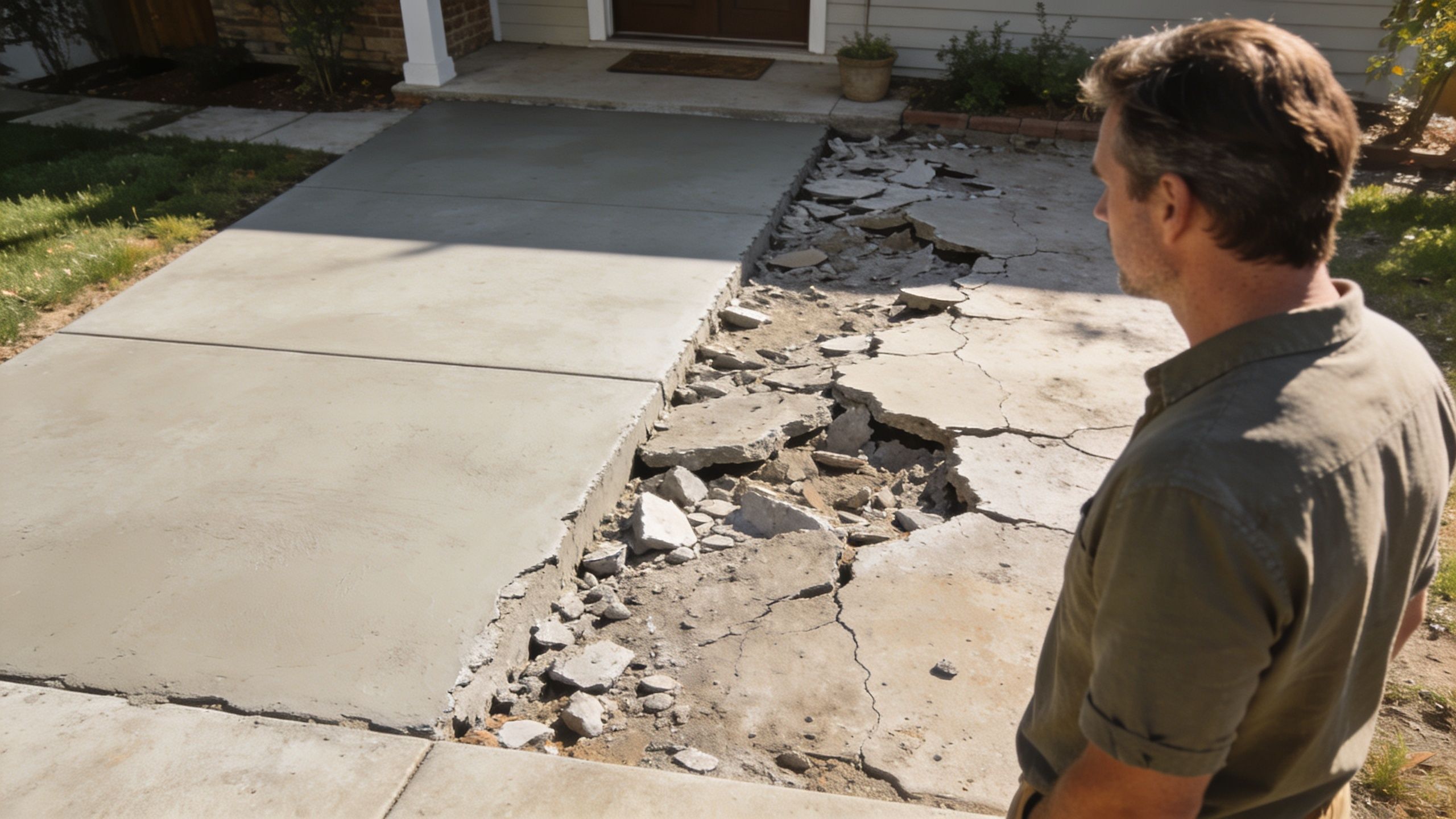 A man looks at his damaged concrete driveway with a new smooth section next to cracked debris.