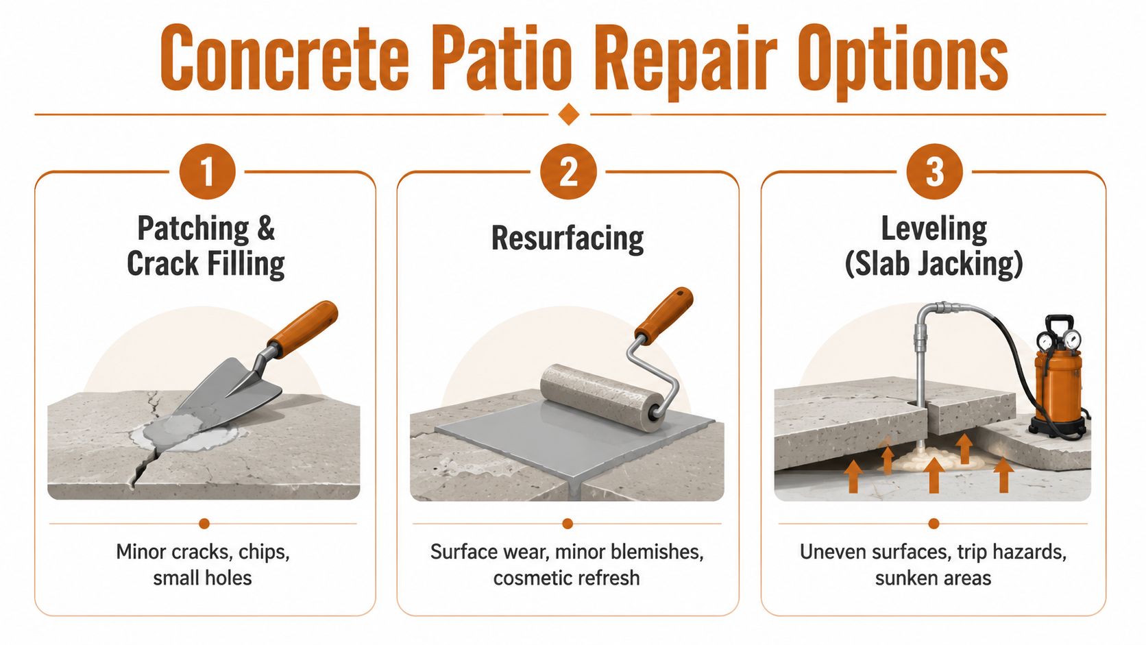 An infographic showing three main concrete patio repair options including patching, resurfacing, and slab jacking leveling.