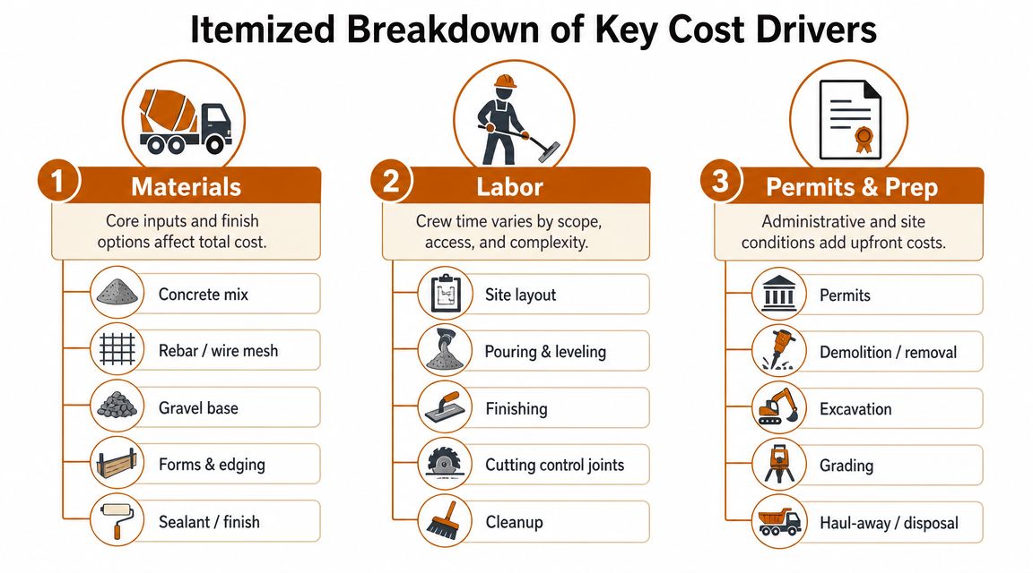 An infographic detailing the itemized cost drivers for construction projects including materials, labor, and permits.