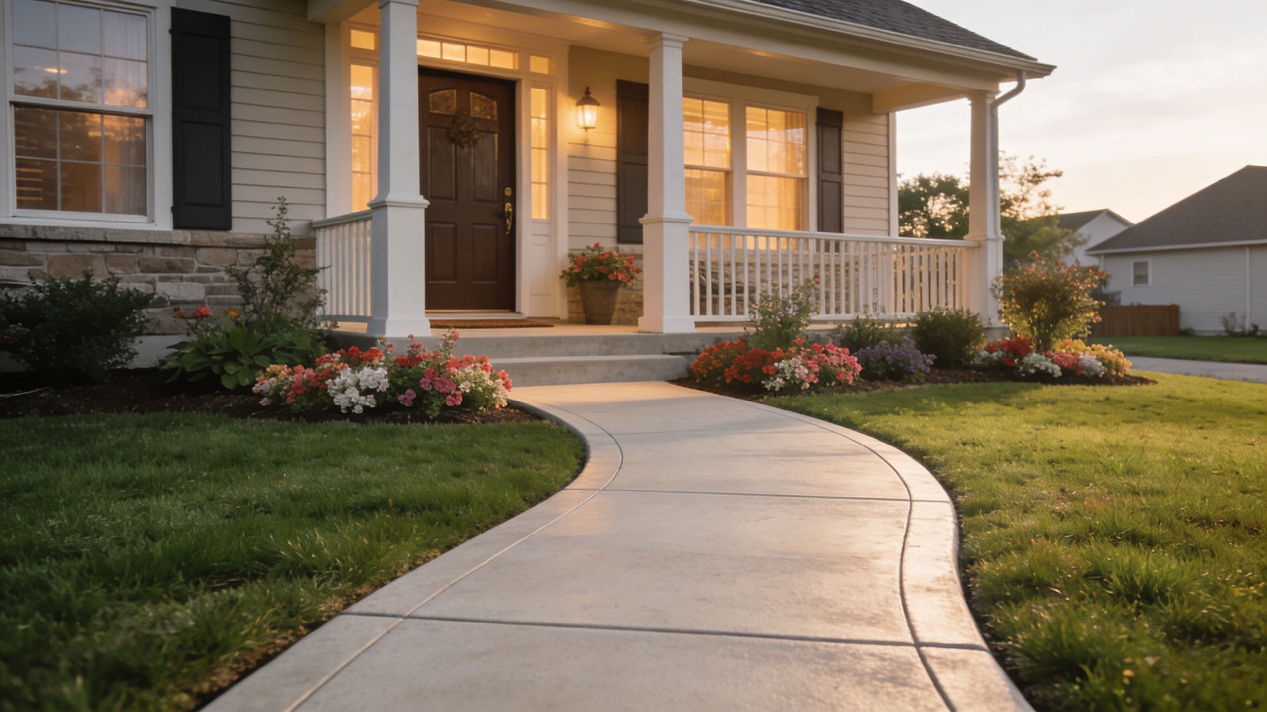 A curved concrete sidewalk leading up to the front porch of a suburban craftsman style house.