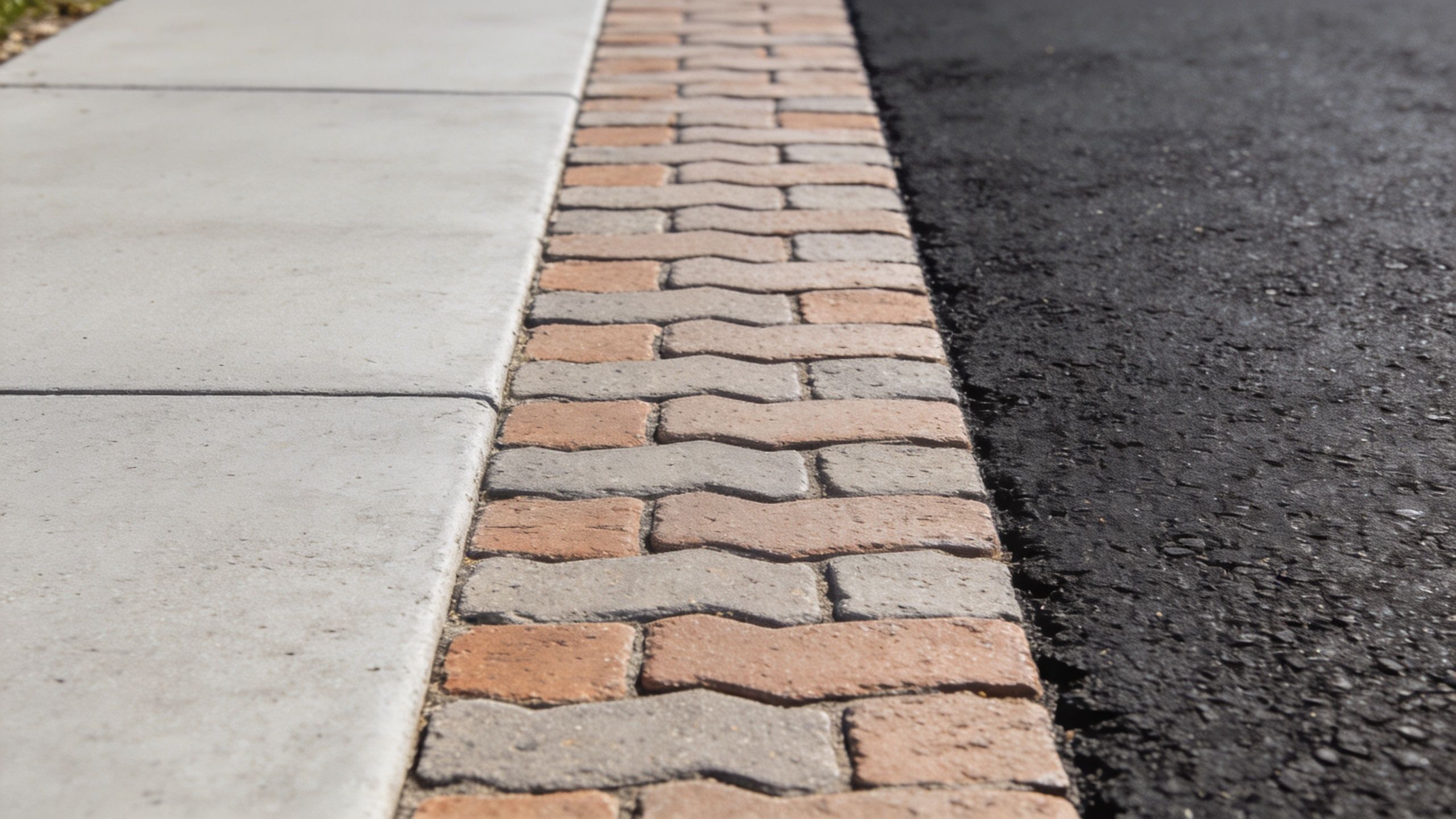 A close up view of an interlocking brick border between a concrete sidewalk and asphalt driveway.