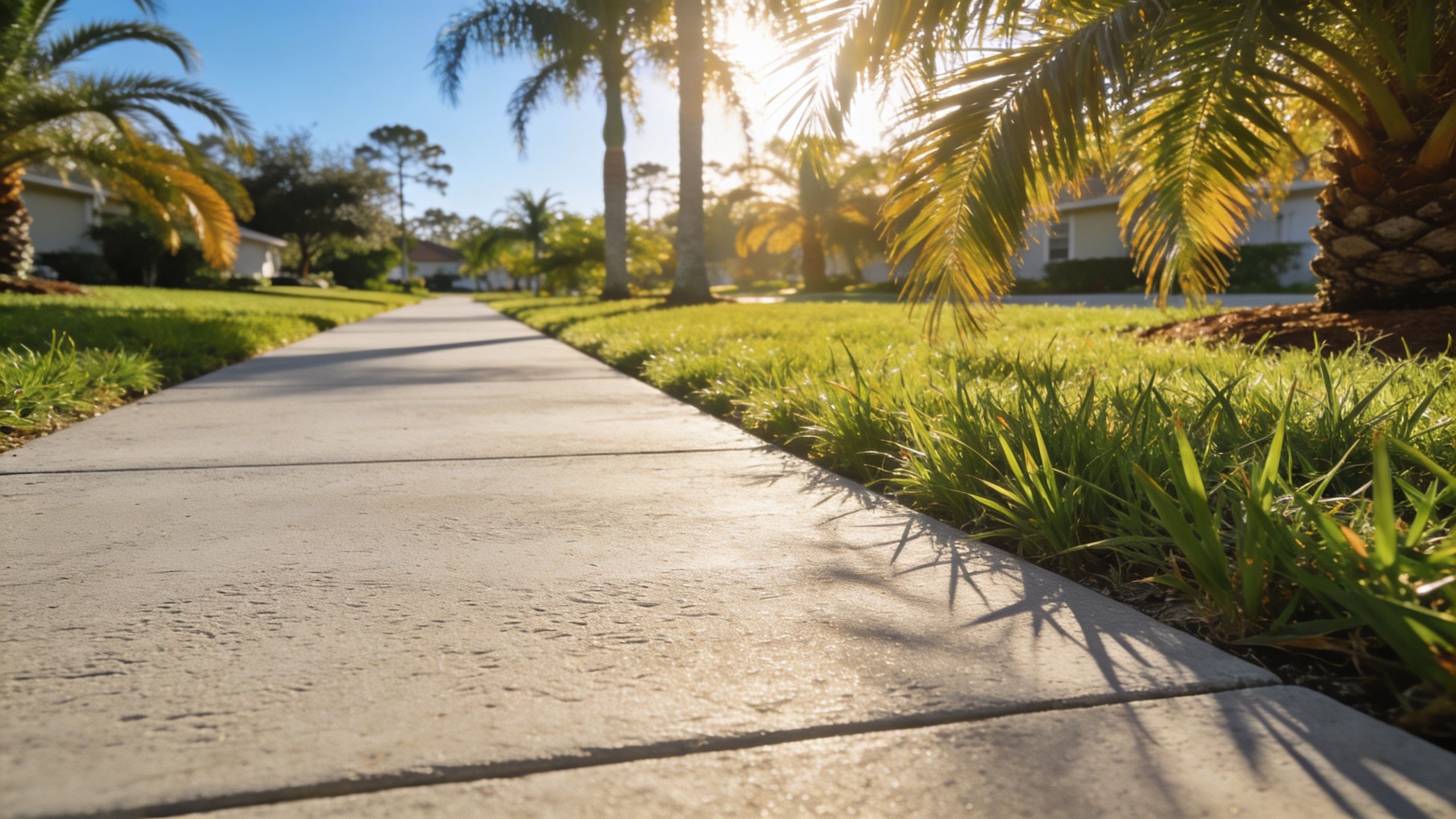 A concrete sidewalk leading through a sunny residential neighborhood lined with green grass and palm trees.
