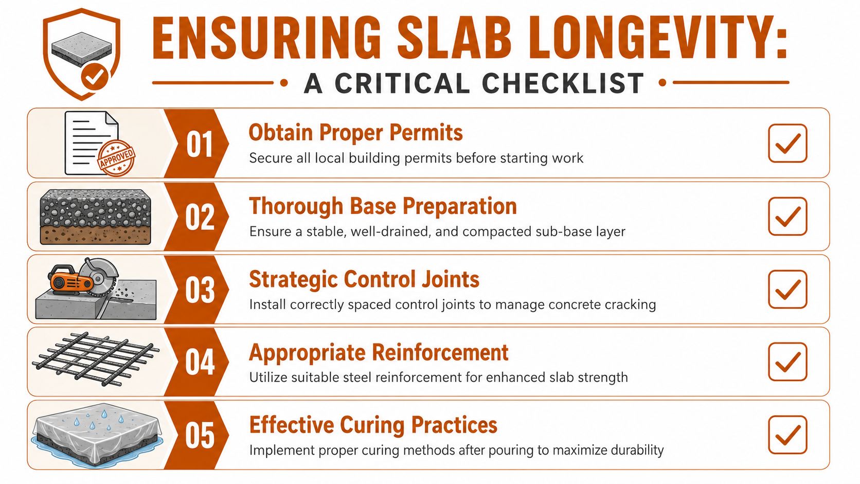 A checklist infographic illustrating five critical steps for ensuring the longevity of concrete slab installations.