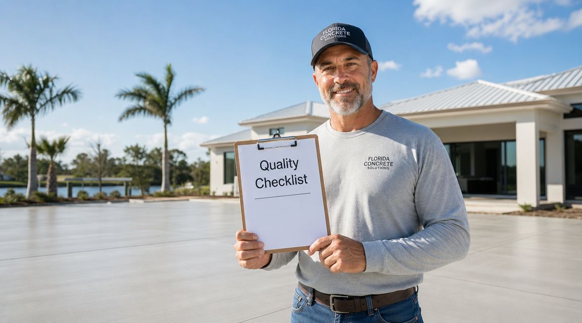 A professional concrete contractor holding a quality checklist clipboard in front of a newly installed concrete slab.