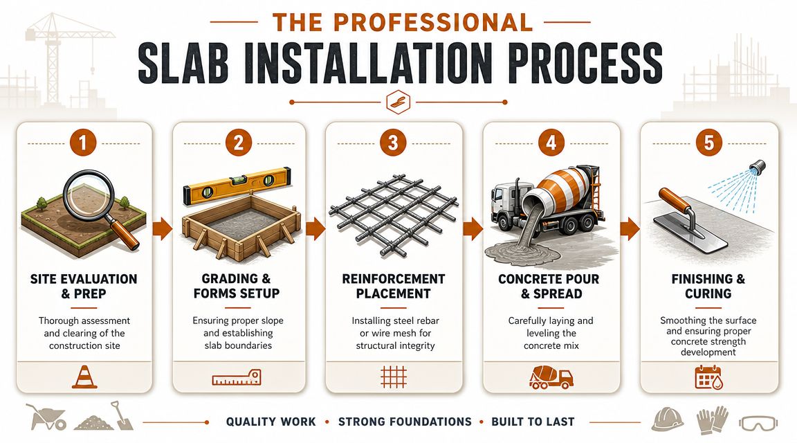 A step-by-step infographic showing the professional concrete slab installation process, from site preparation to final curing.