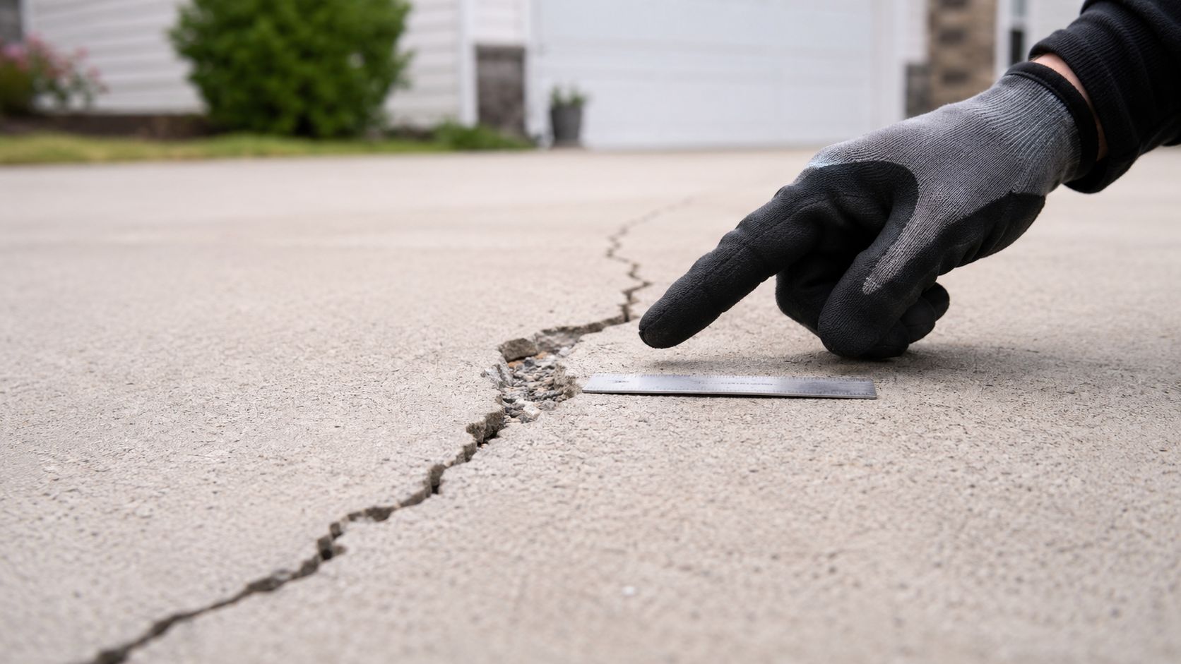A gloved hand uses a metal ruler to measure the width of a crack in a concrete driveway.
