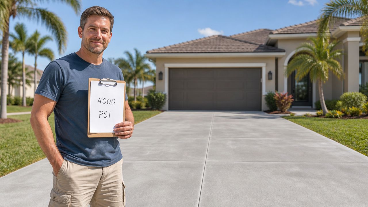 A professional man holding a clipboard with 4000 PSI written on it in front of a concrete driveway.