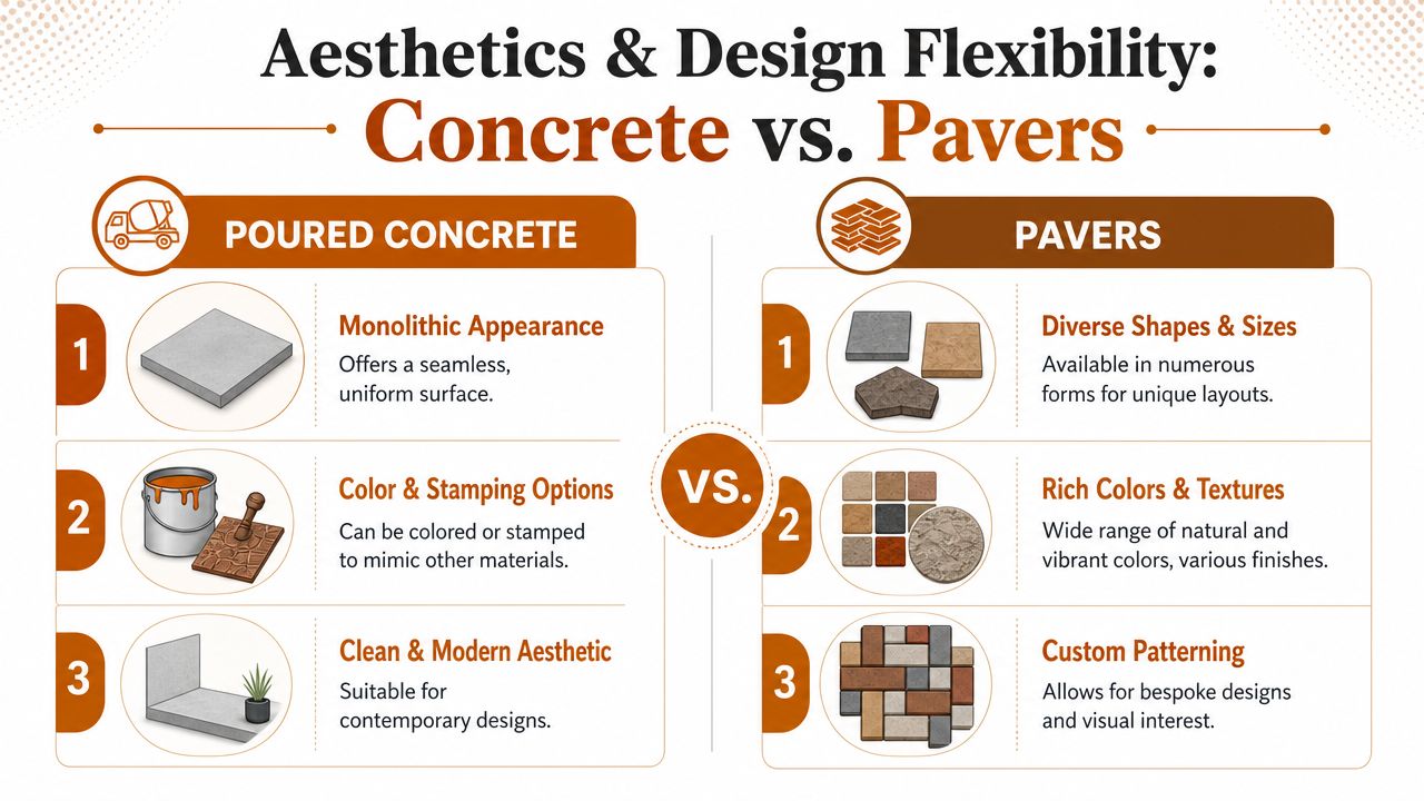 A comparison infographic showing the aesthetic design flexibility differences between poured concrete and paving stones for patios.