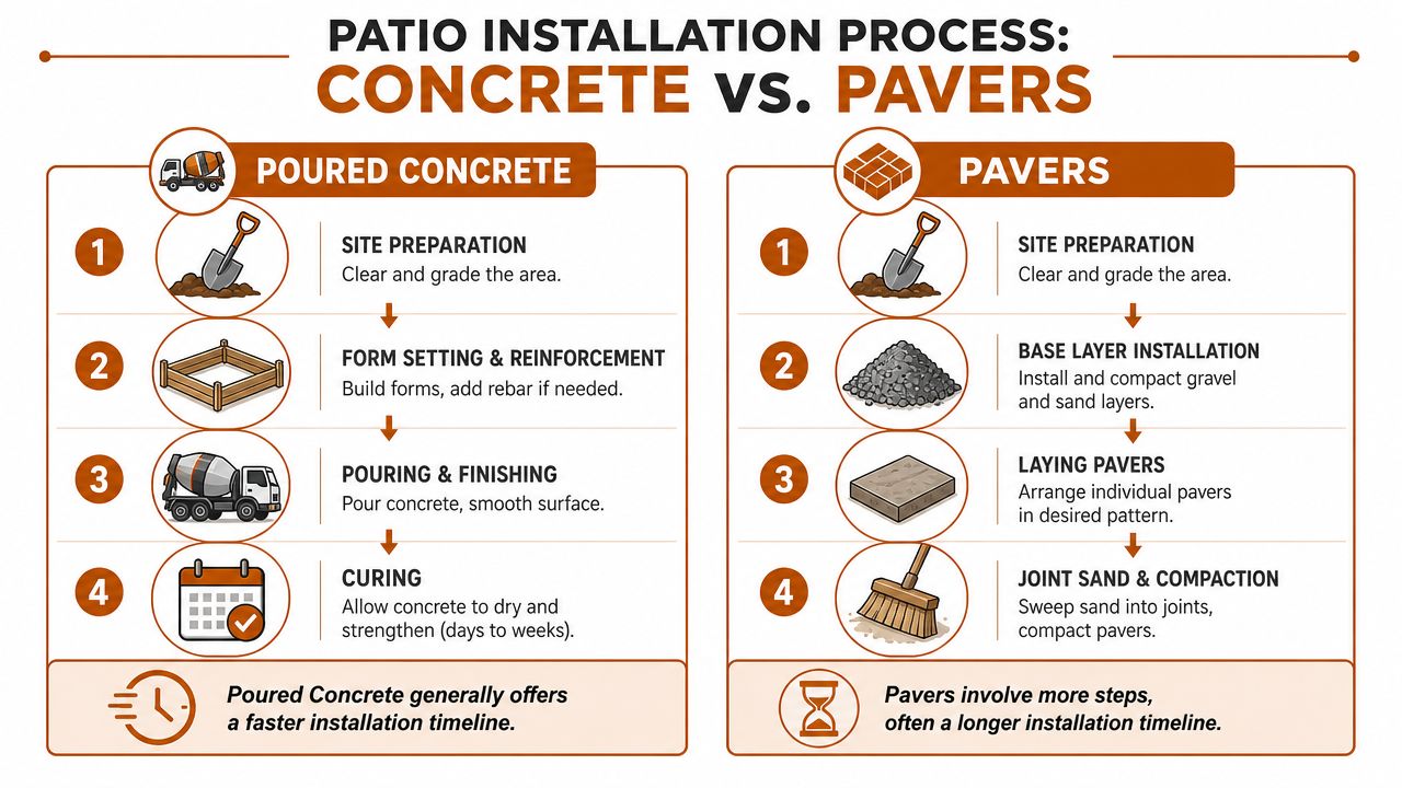 A comparison chart showing the four-step installation processes for poured concrete and paver patios side-by-side.