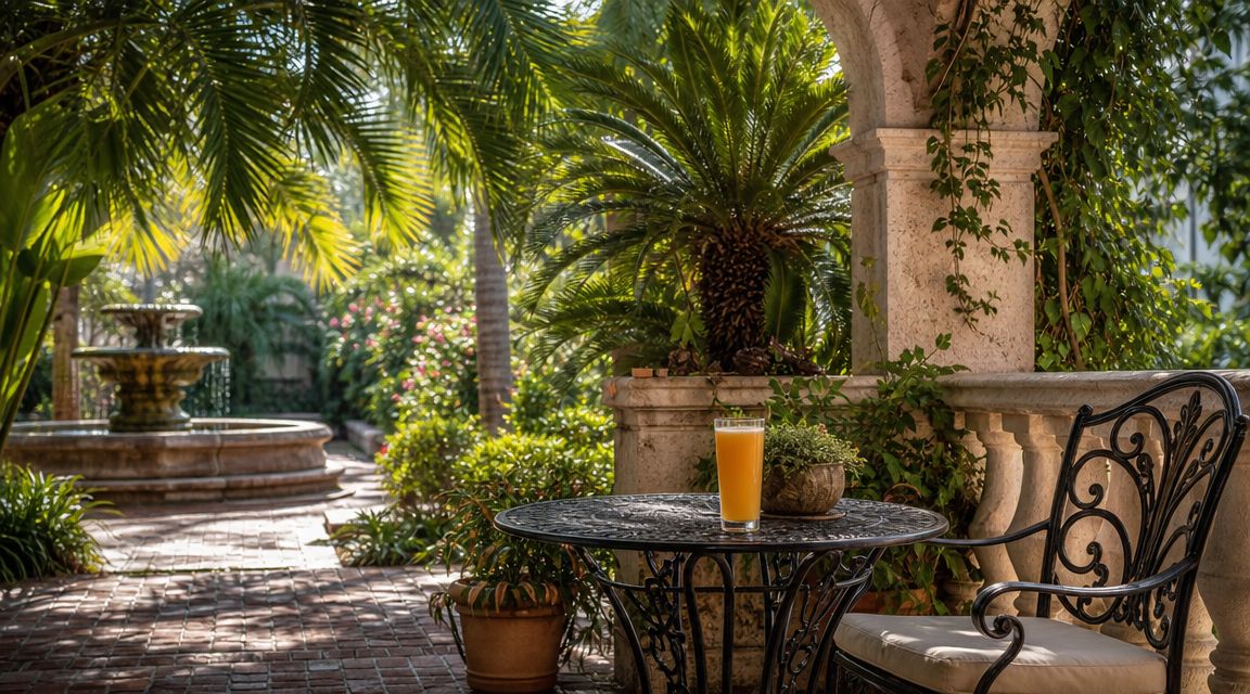 A glass of orange juice sits on a round metal table on a sunny patio with a fountain.