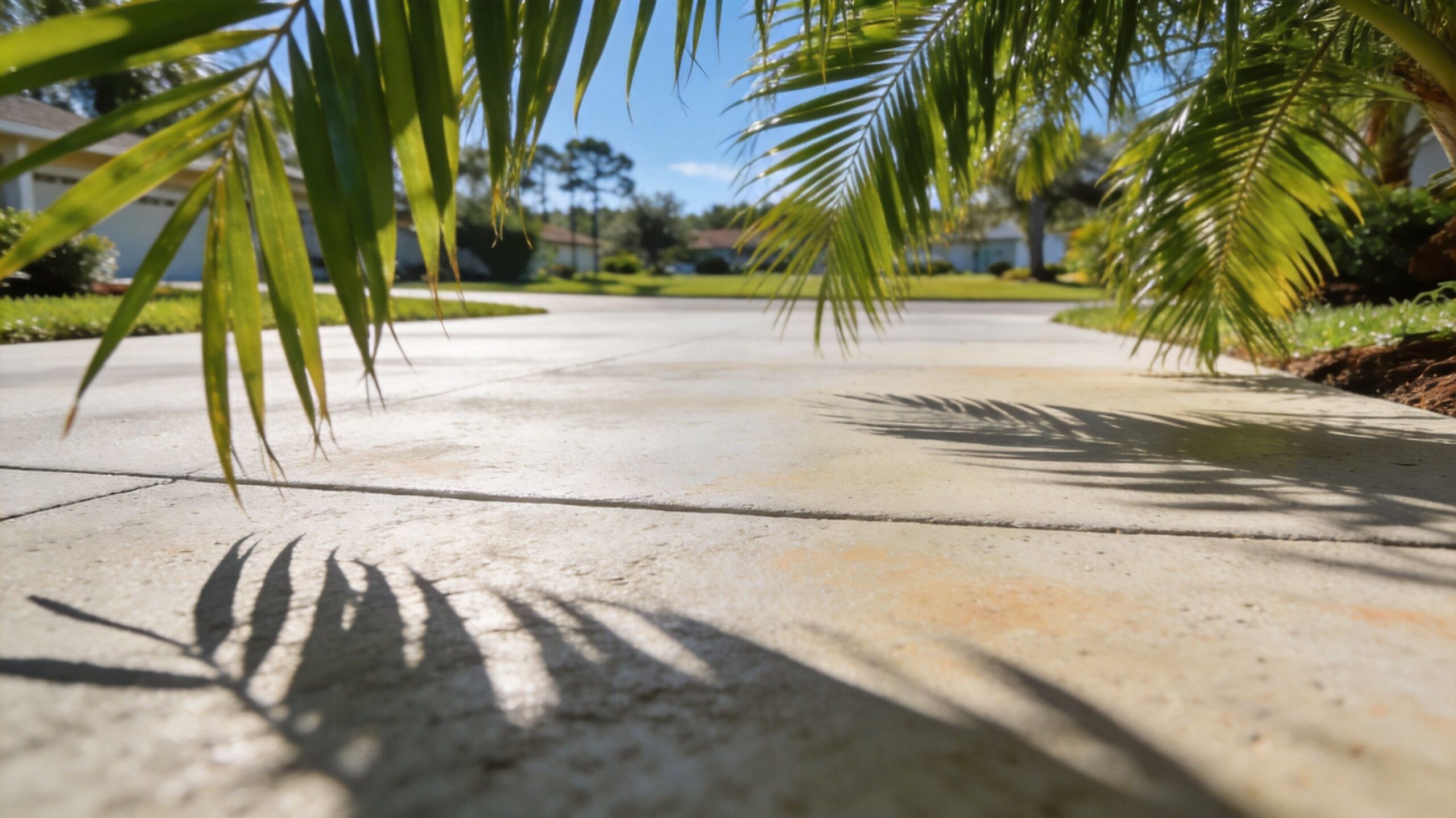 A close up view of a concrete driveway entrance partially shaded by hanging palm tree leaves.