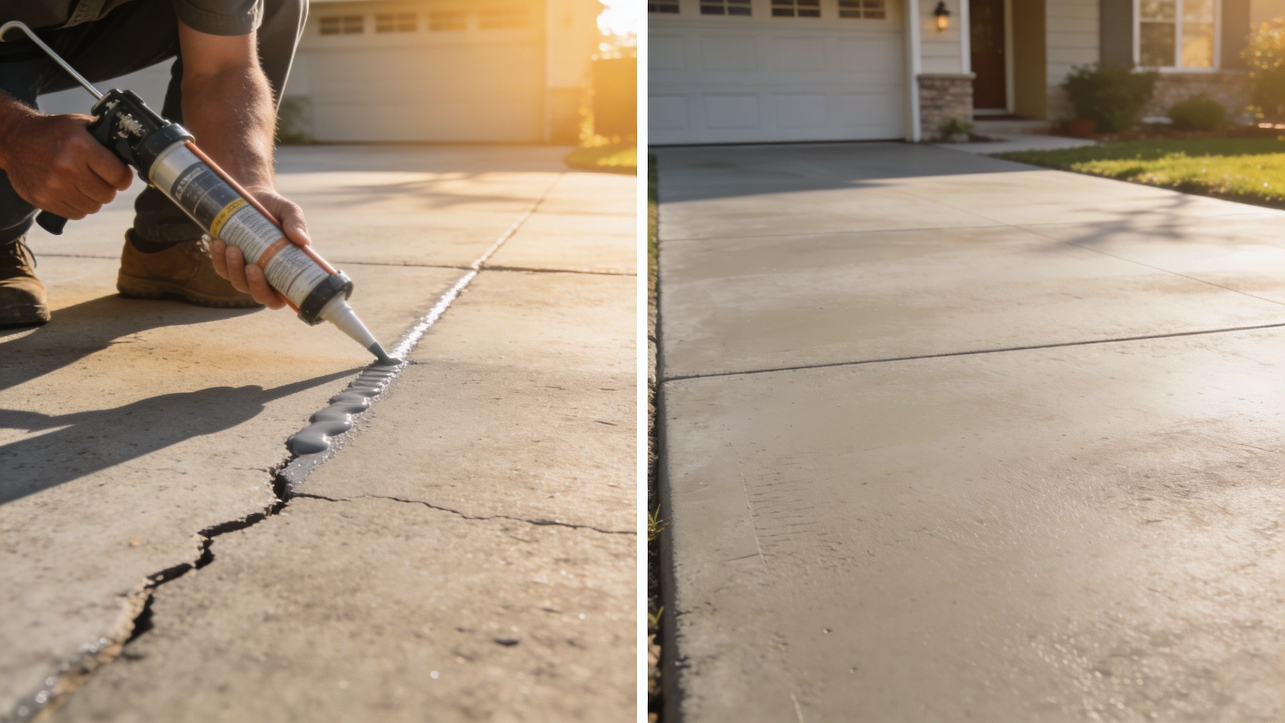 A person using a caulk gun to repair a crack in a concrete driveway, shown before and after.