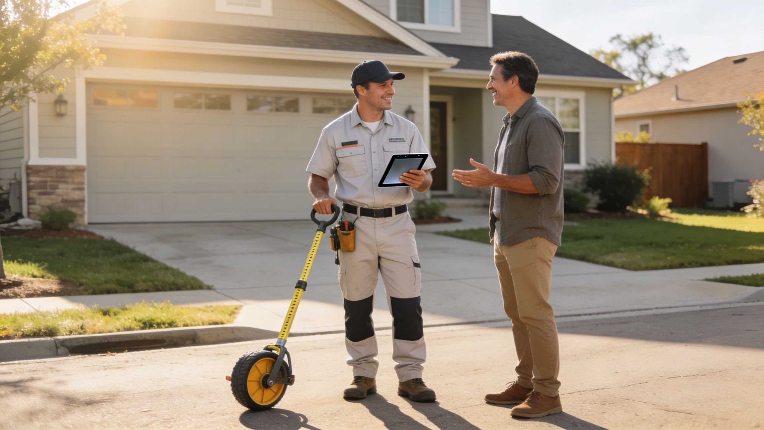A service technician with a measuring wheel talking to a homeowner in front of a residential house.