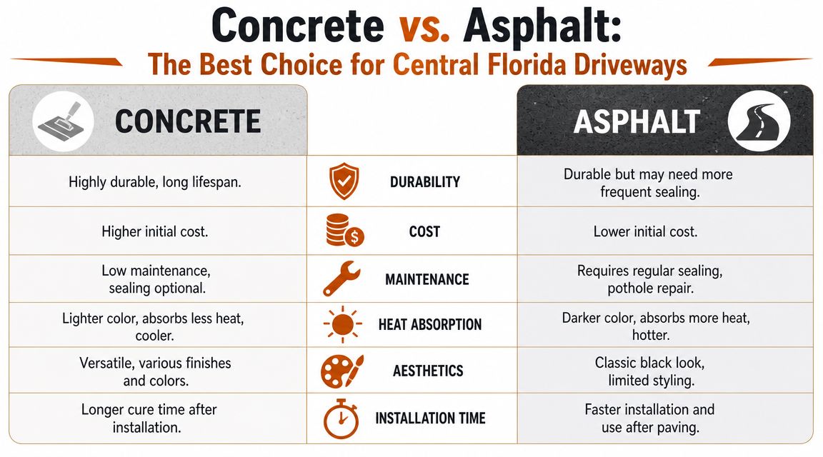 A comparison chart showing the pros and cons of using concrete versus asphalt for residential driveways.