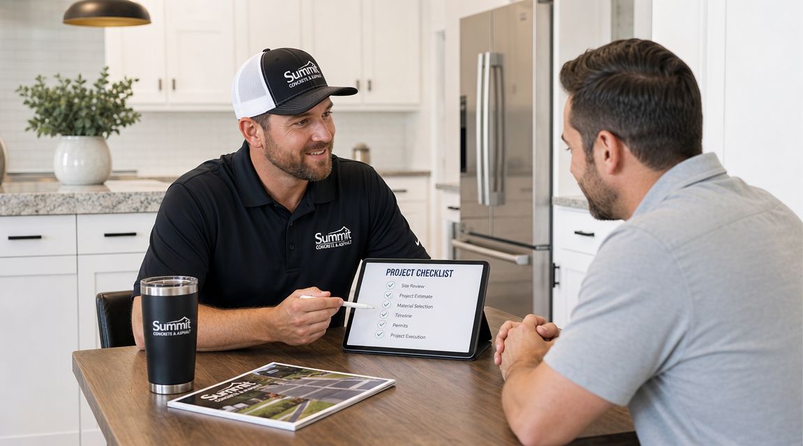 A professional concrete contractor discusses a project checklist with a homeowner at a kitchen table.