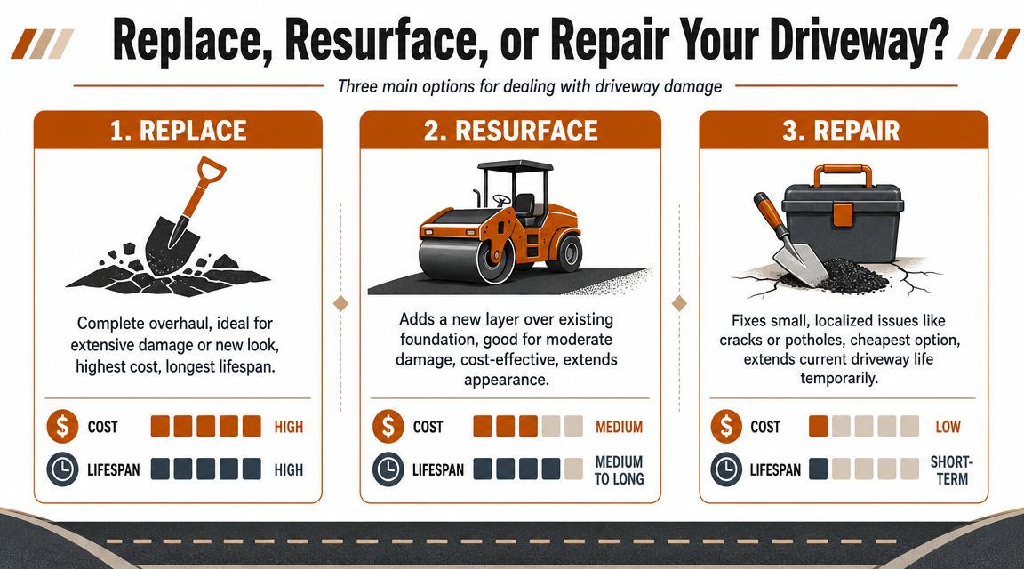 A comparison chart showing three options for driveway maintenance: replacing, resurfacing, and repairing with cost and lifespan.